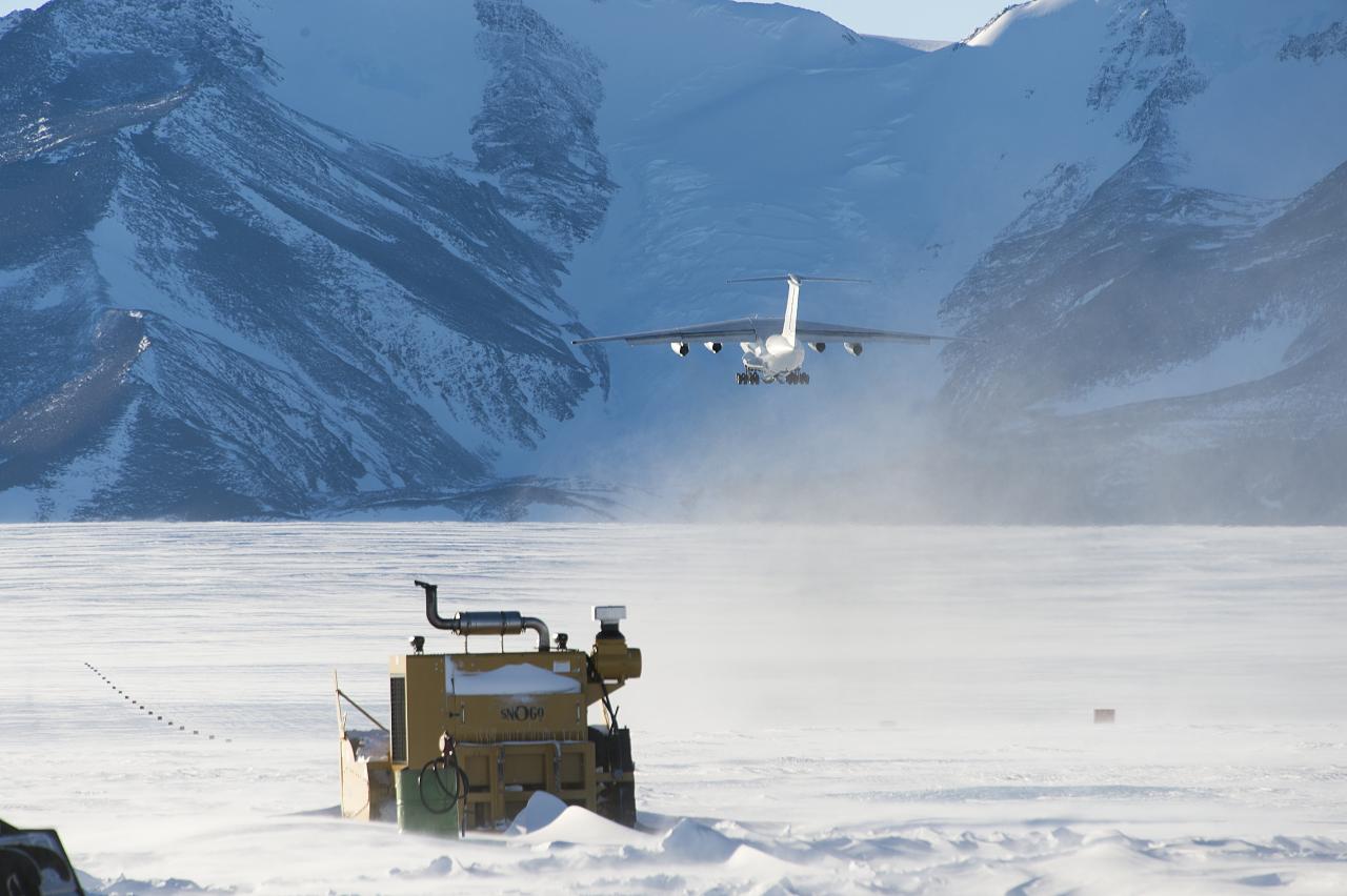 Ilyushin Il-76 of Air Almaty taking off from the Union Glacier Blue-Ice Runway in Antarctica