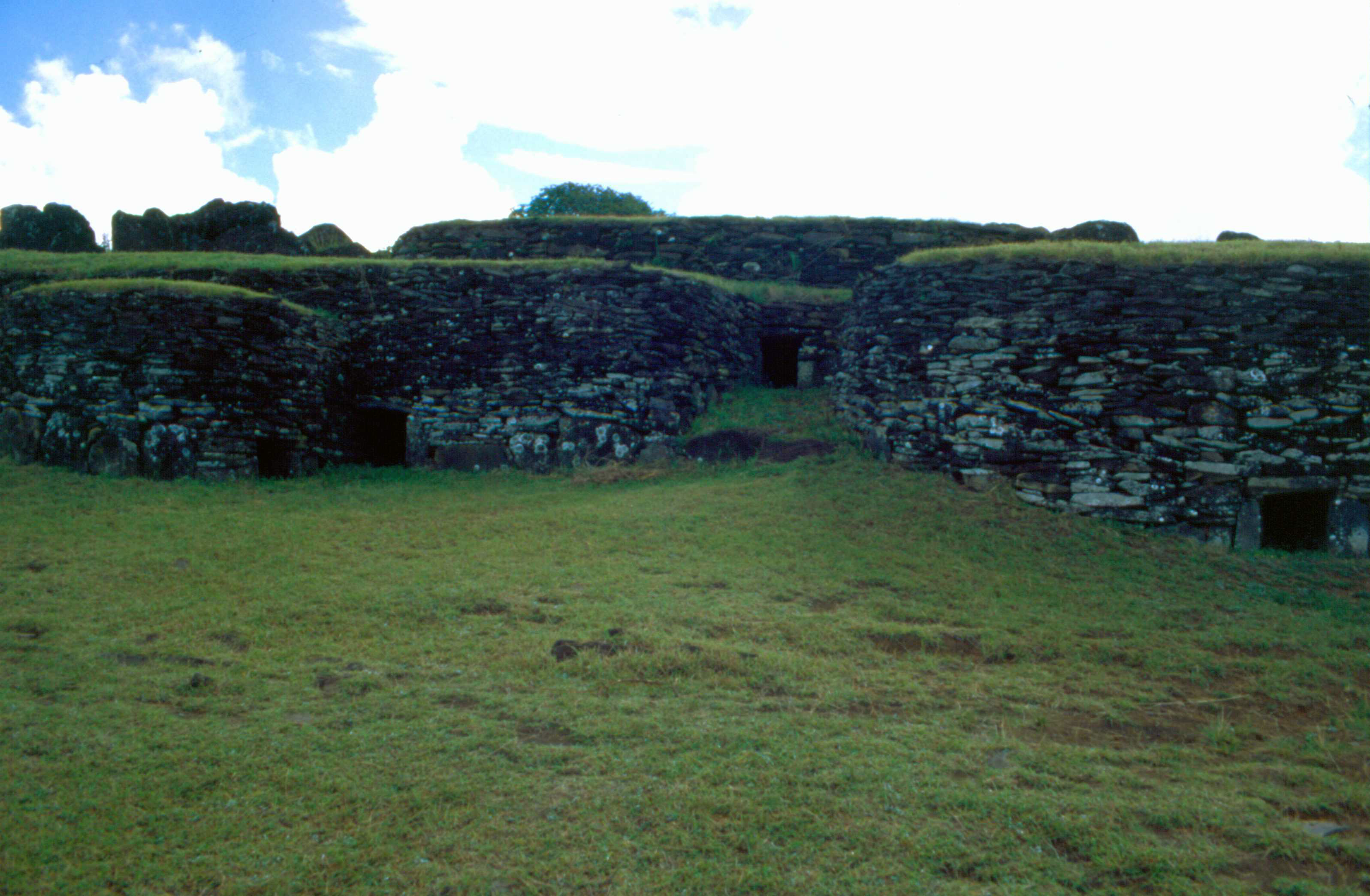 Restored stone houses at Orongo on Easter Island.