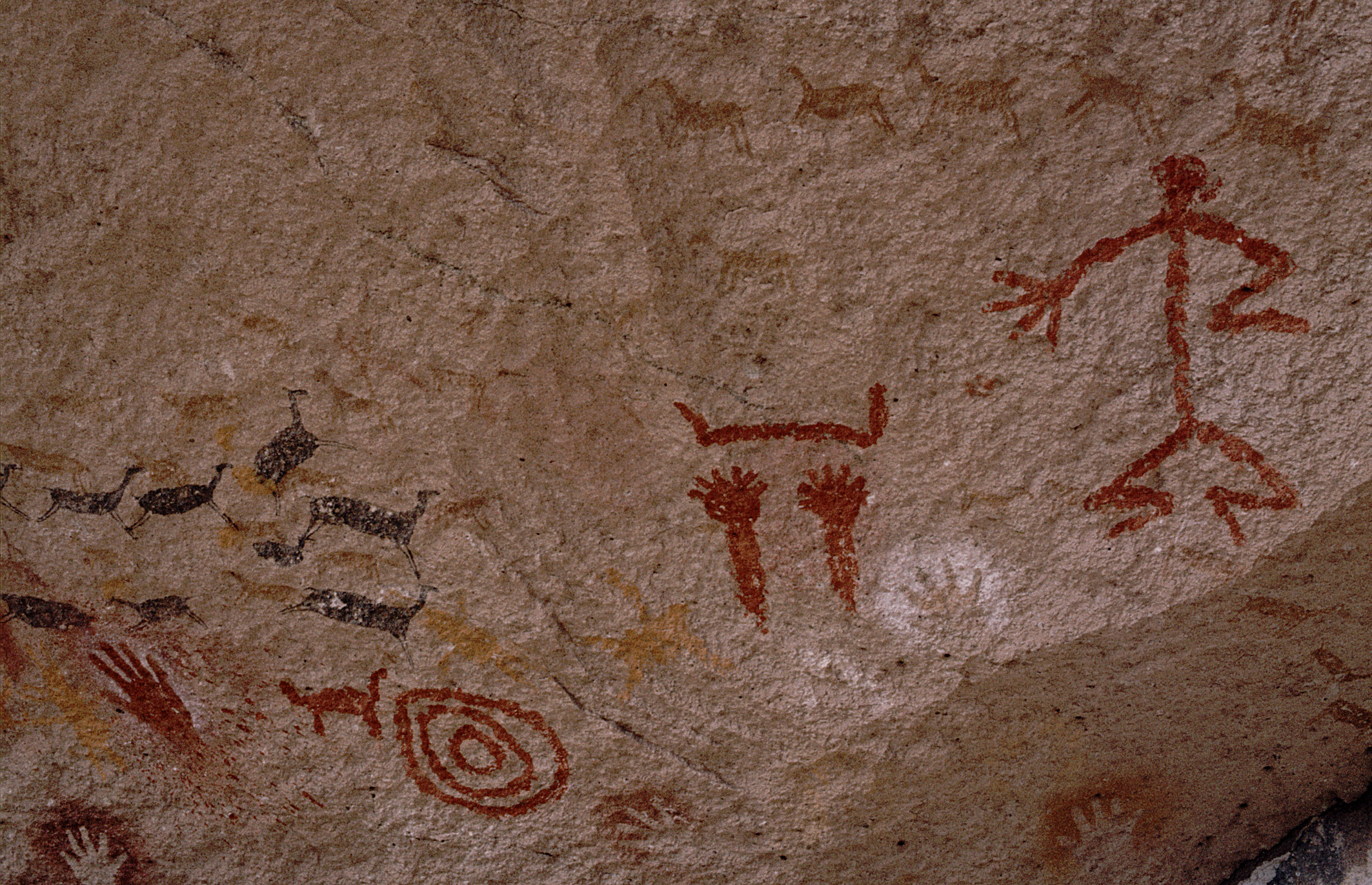 Cave paintings in Cueva de las Manos, Río Pinturas, Argentina. Paintings include that of a humanoid, guanacos, hands, and concentric circles. Humanoid is shown in the red, stylized manner characteristic of Stylistic Group C.