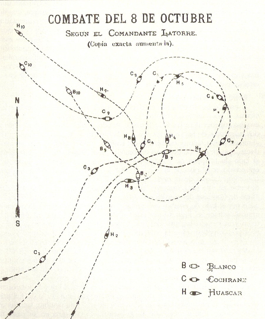 Sketch of the naval battle of Angamos.

During the War of the Pacific, between Chile against Bolivia and Peru, the peruvian ironclad Huáscar fought against the chilean ironclads Cochrane and Blanco Encalada and the chilean gunboat Covadonga on 8 october of 1879.