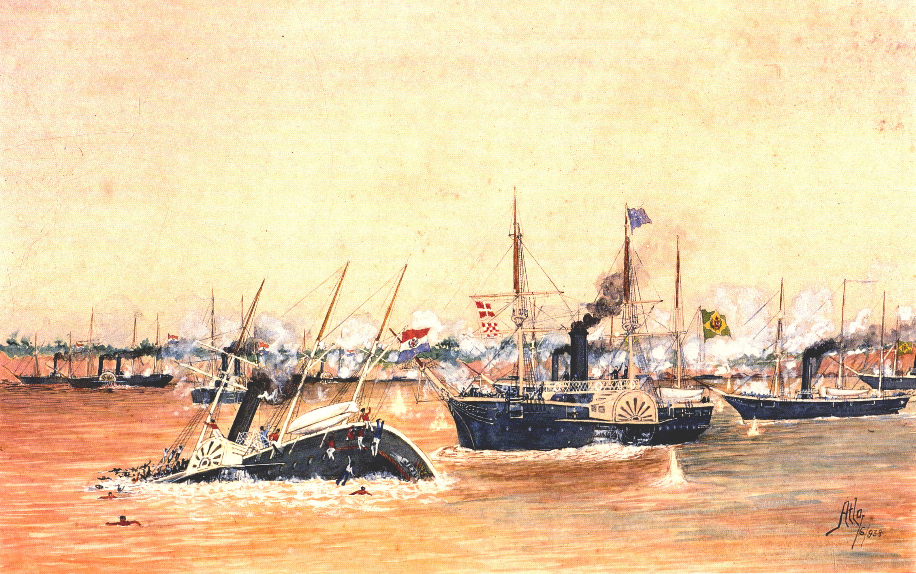 Battle of Riachuelo. The Brazilian corvette Amazonas rammed Jejuy before attacking Salto and then Marquez-de-Olinda.
