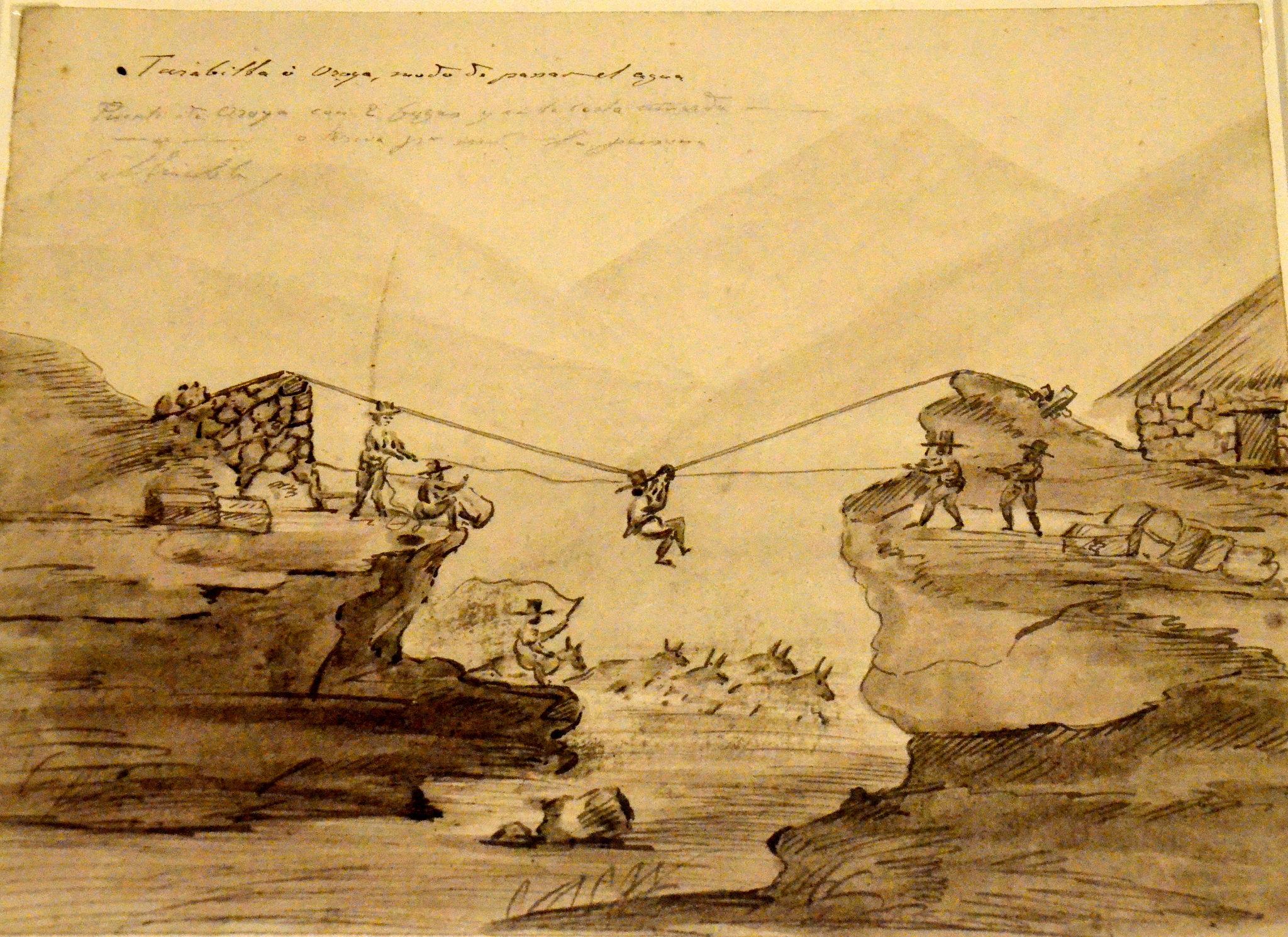 Tarabita or ropeway across a river at Oroya, Peru. Depicts a traveler using a tarabita (a rope system) to cross a river, while pack animals swim across. Handwritten note reads: "Tarabita á Oroya modo de pasar el agua / Paso la Oroya con el bagage y caballada nadando." Possibly painted during an early expedition across the Andes. Watercolor on paper, circa 1827–1841. Held at the Museo de Arte de Lima (MALI).