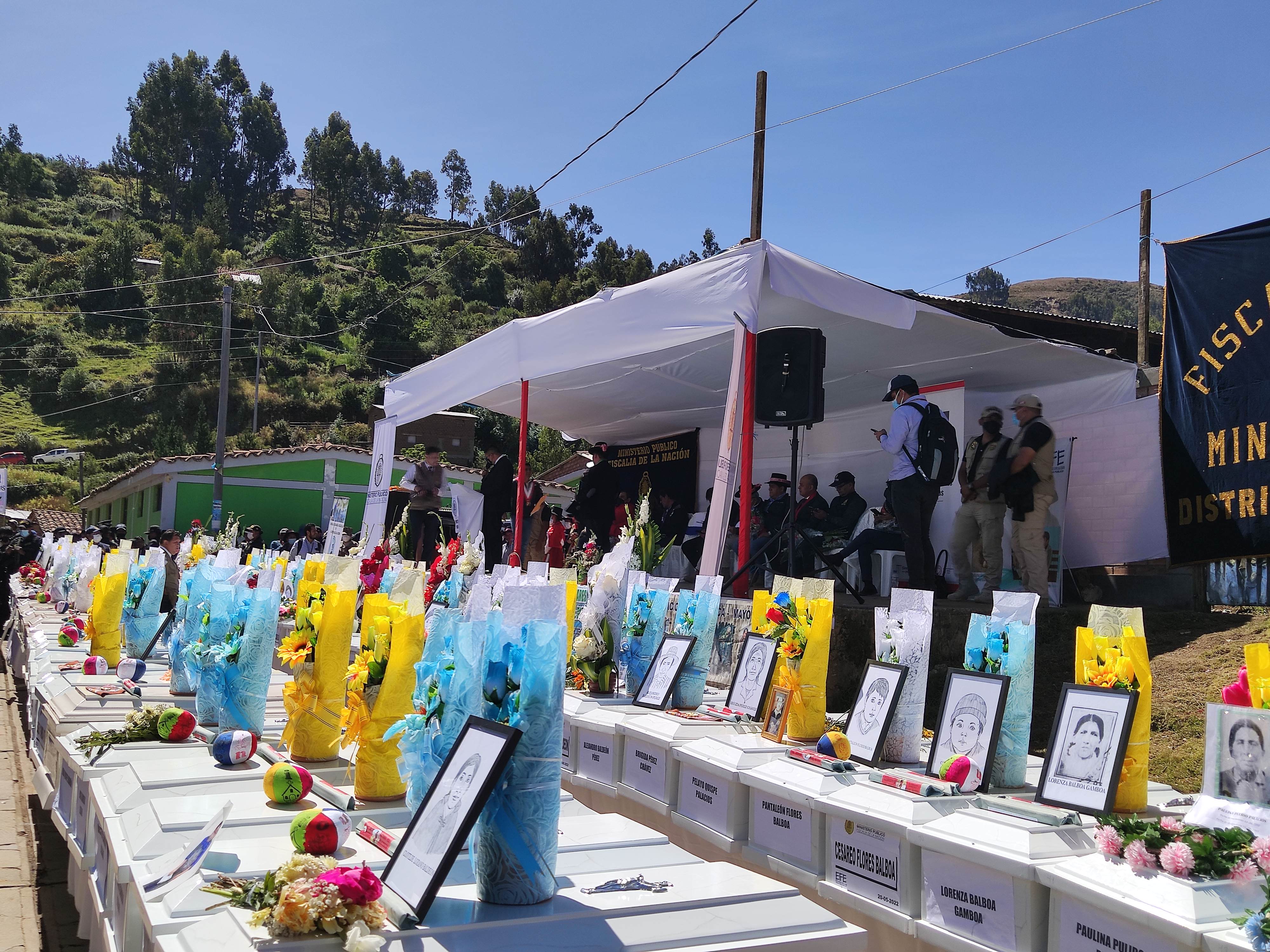 Official ceremony on May 20th 2022, prior to the burial of Accomarca massacre victims, perpetrated by the Peruvian Army in August 1985, in Ayacucho region against disarmed civilians, Quechua-speaking peasants.