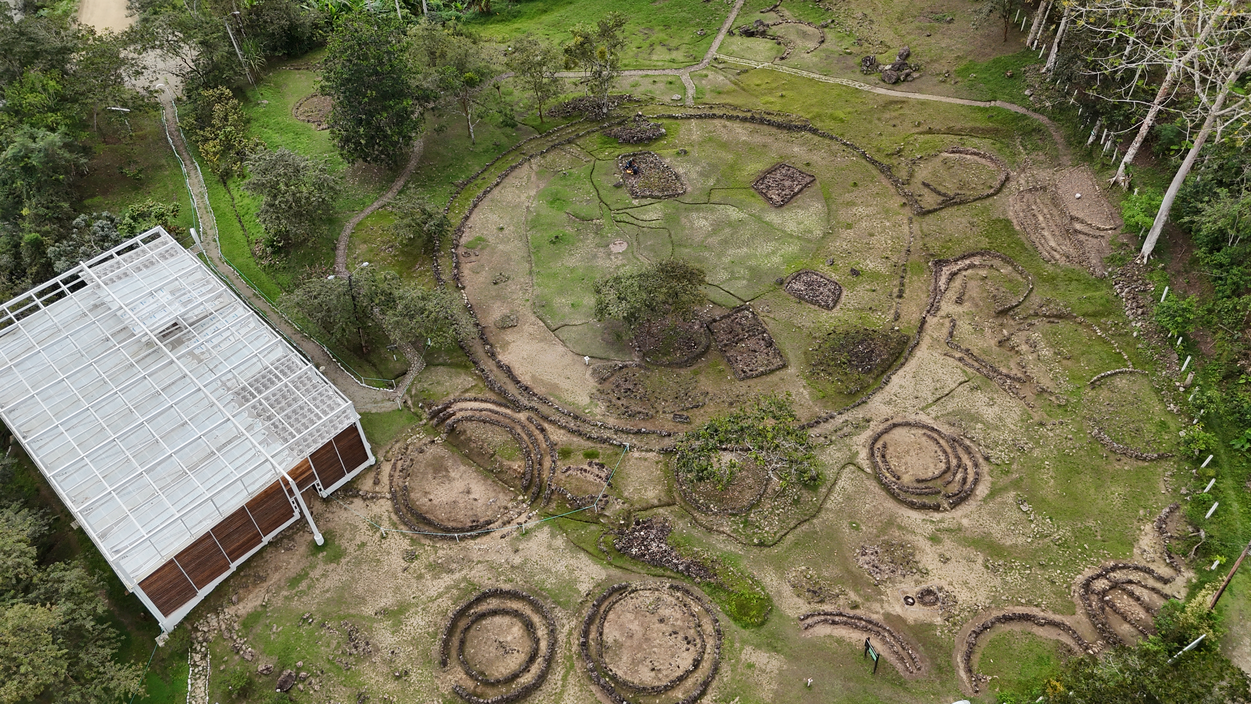 Aerial view of the archaeological site of Santa Ana-La Florida. In Zamora Chinchipe, Ecuador. The picture shows the remains of aracheological structures as they are preserved by the site museum.