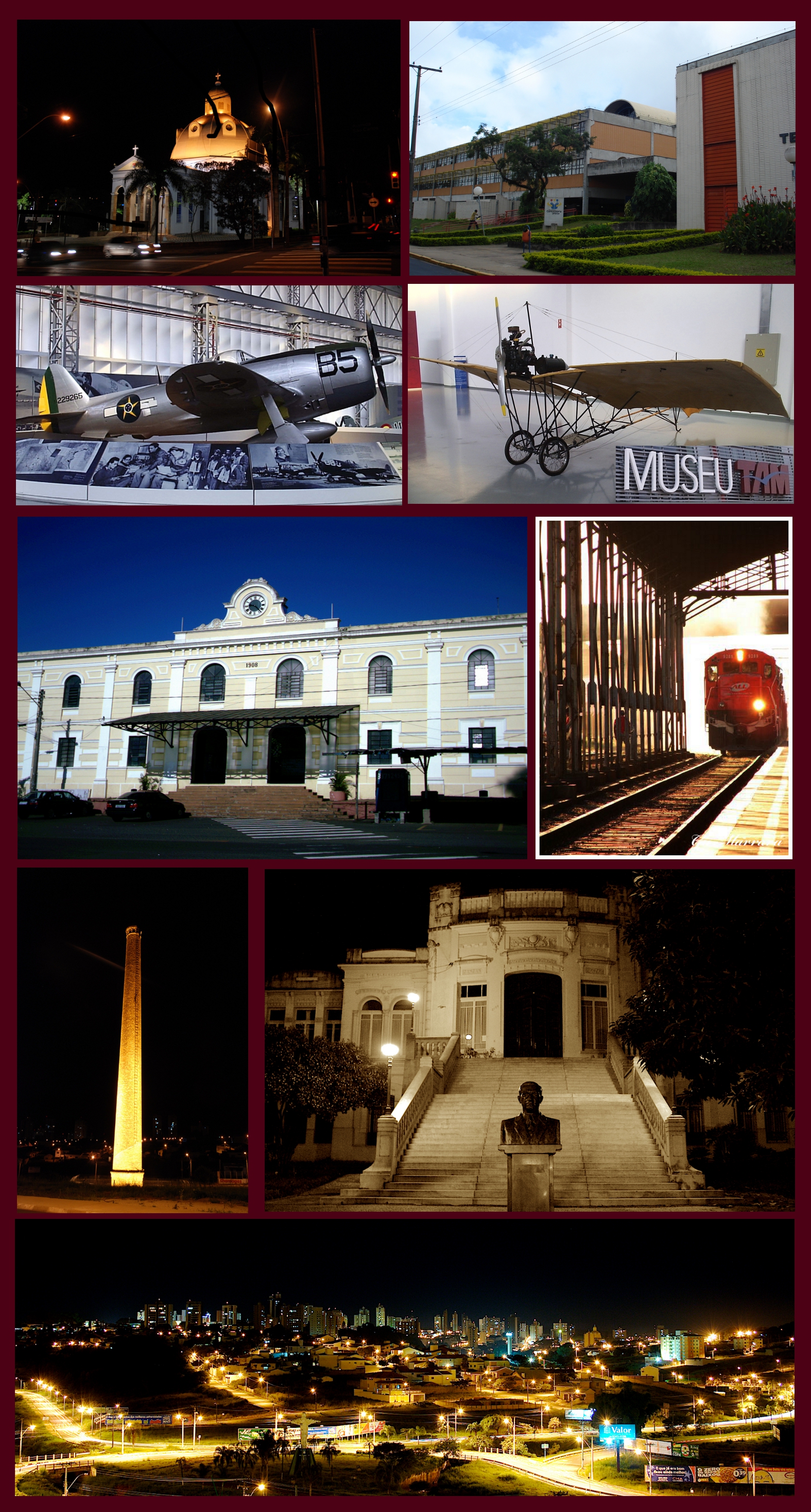 Cidade de São Carlos no estado de São Paulo, Brasil (a partir de cima, esquerda): Catedral de São Carlos, UFSCar, P-47D Thunderbolt e Demoiselle 22 (do Museu Asas de um Sonho), Estação Ferroviária de São Carlos, Parque da Chaminé, Escola Álvaro Guião e um panorama da cidade