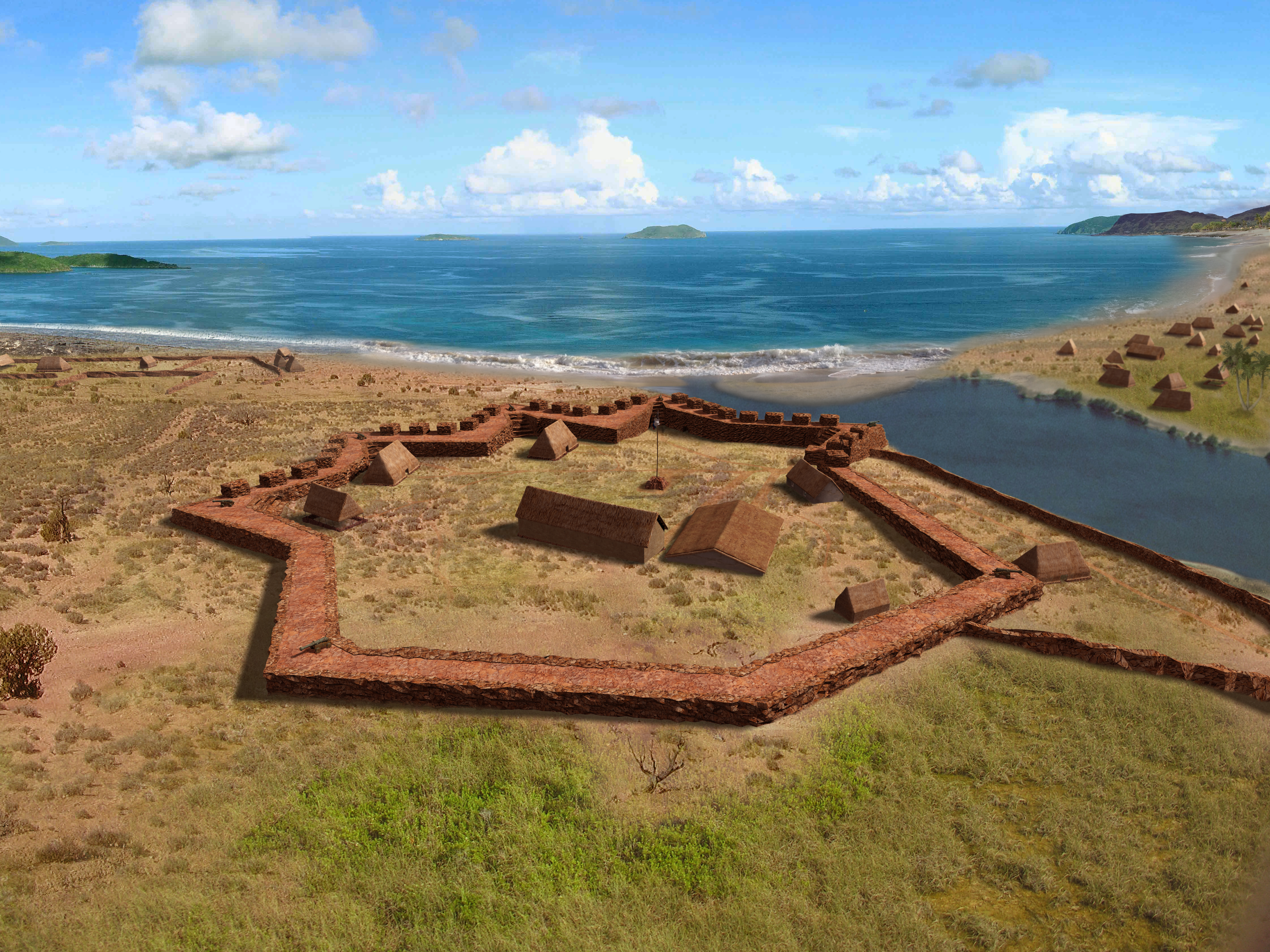 View on the fort Elizabeth (Kauai, Hawaii) from a bird's eye view. Reconstruction by Dr Alexander Molodin and Dr Peter R Mills, 2015