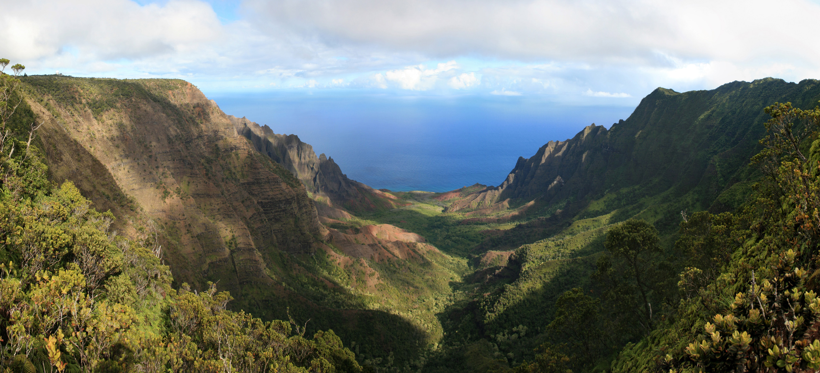 Photographer:  myself, Gh5046
A stitched panorama of the en:Kalalau Valley taken 2007/08/30 from the Na Pali Kona Forest Reserve Pihea Trail in the en:Koke'e State Park in Hawaii.

The photo was stitched from several other photos, cropped and resized, otherwise it is in its original state.