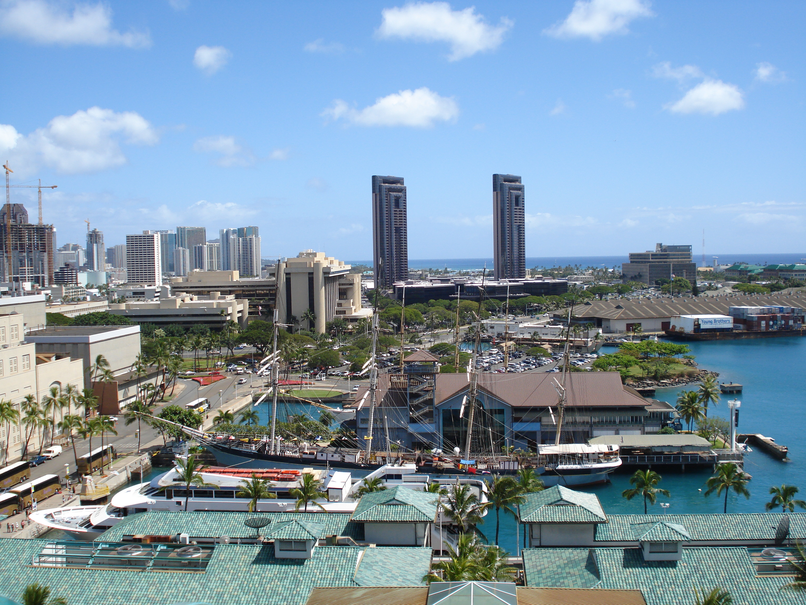 View east from the top of Aloha Tower, Falls of Clyde and Hawaii Maritime Center can be seen in center and One Waterfront Towers in the background.
