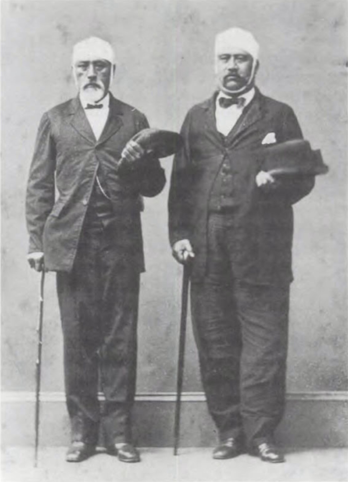 Representatives William Thomas Martin and William Luther Moehonua, survivors of the attack on the legislative assembly by Queen Emma's supporters, 12 February 1874. Kalakaua made Moehonua his first minister of the interior and later governor of O'ahu. Martin did not return to the legislature.