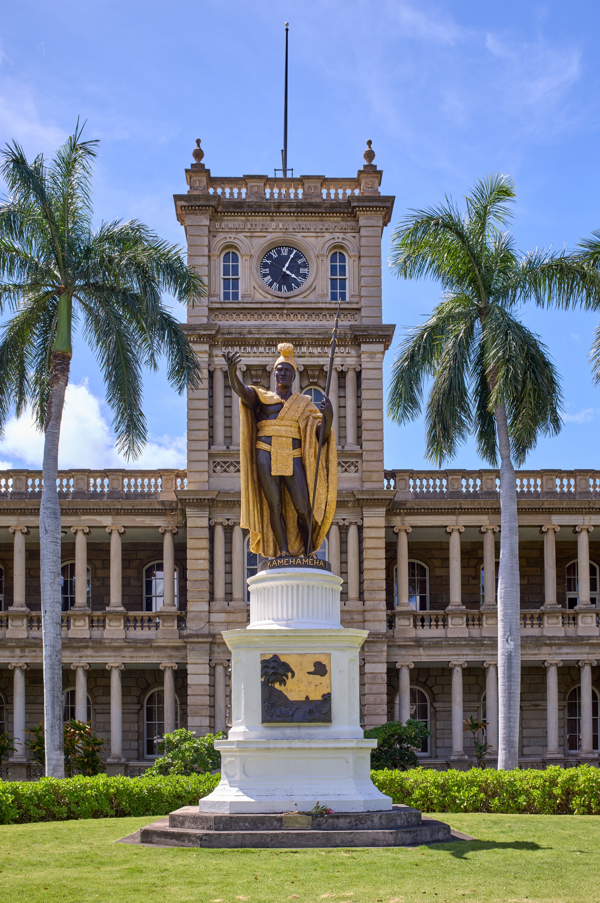 The statue of King Kamehameha I is seen standing in front of Aliʻiōlani Hale in Honolulu, on the Hawaiian island of O‘ahu, on March 3, 2024