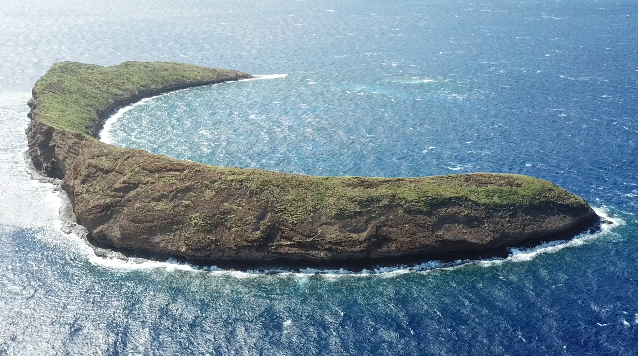 An aerial photo of the north side of Molokini.