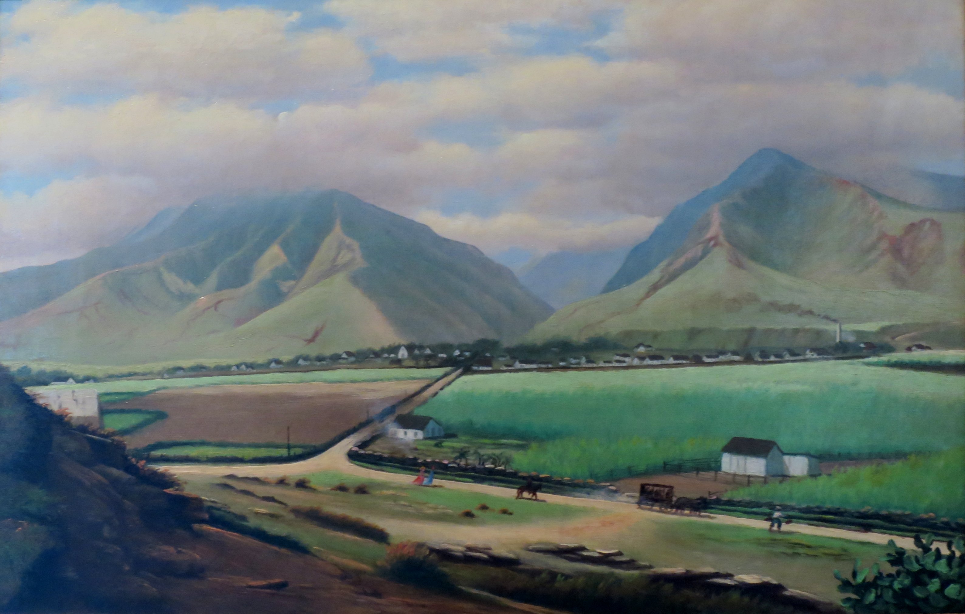 19th century landscape oil painting by American artist Edward Bailey (1814—1903), of Maui — with Wailuku and the Iao Valley in the scene.
Bailey House Museum collection, Maui, Hawaiʻi.