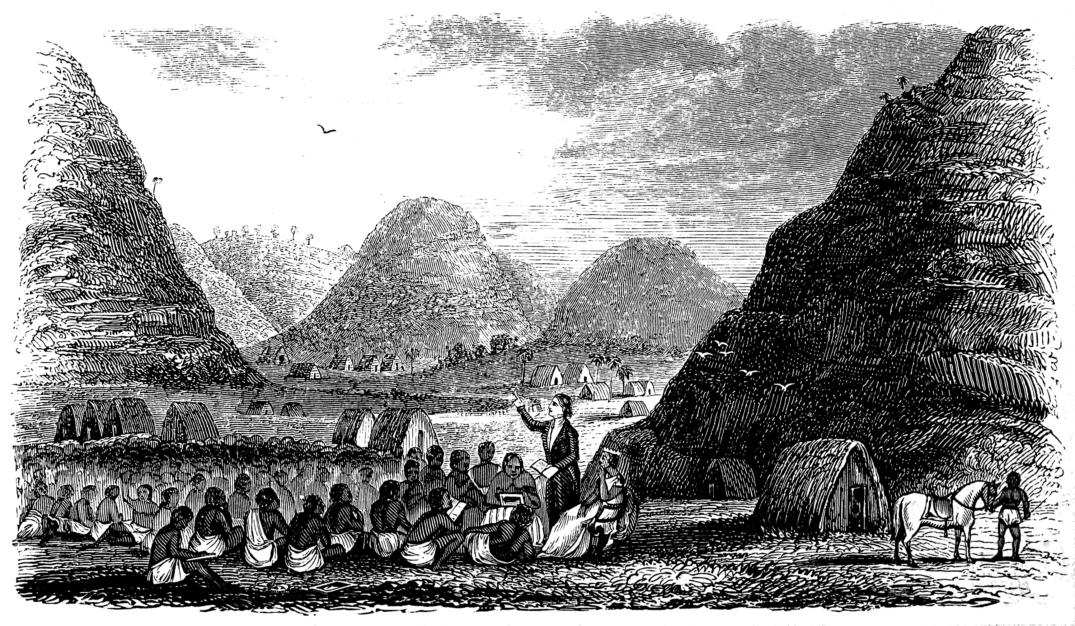 Hiram Bingham I preaching to Queen at Waimea, Kauai, in 1826, from his book A Residence of Twenty-one Years in the Sandwich Islands.