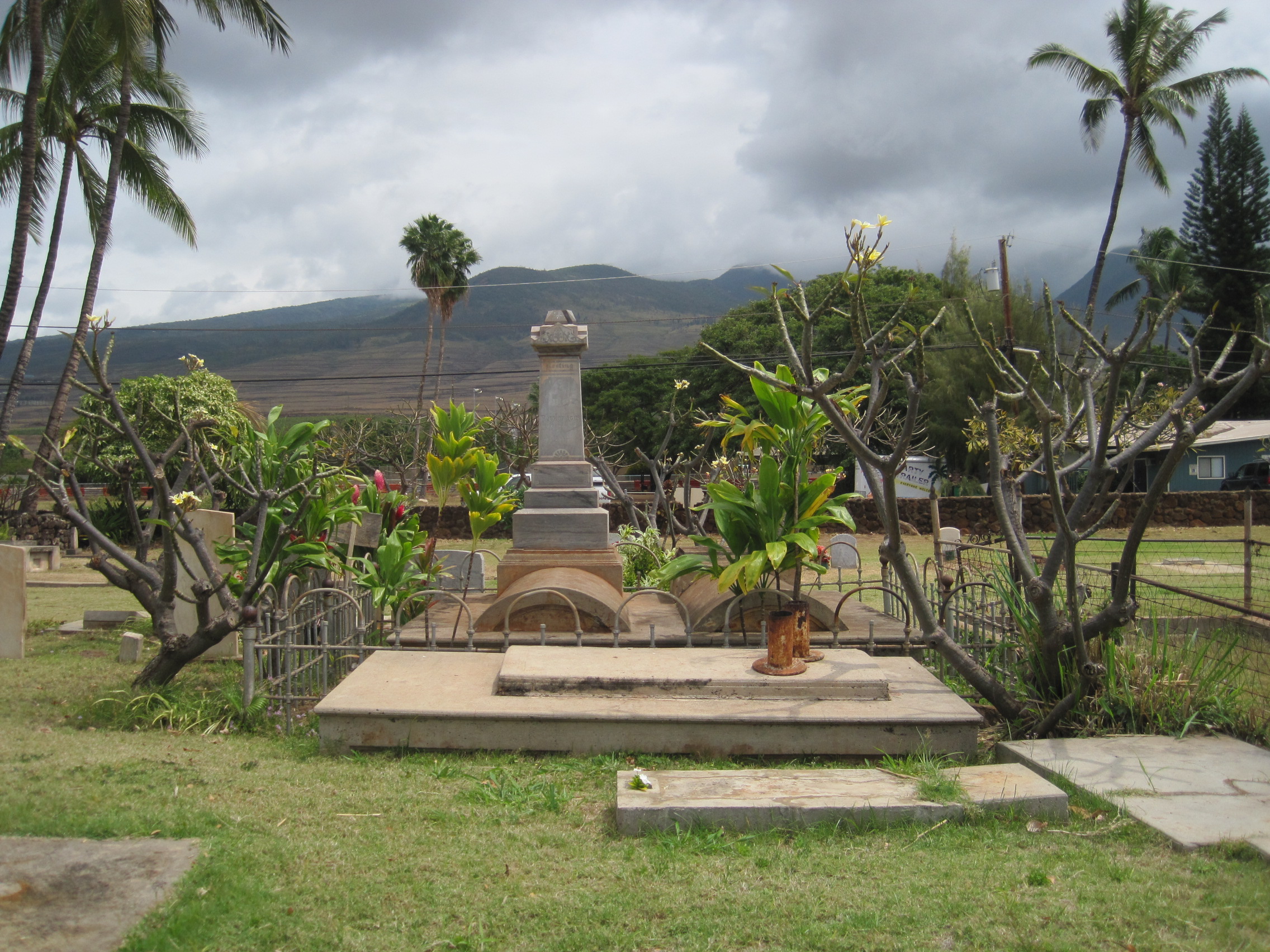 View of mountains from Waineʻe (now Waiola) Church Cemetery, Lahaina Historic District, Lahaina, Hawaii, on National Register of Historic Places