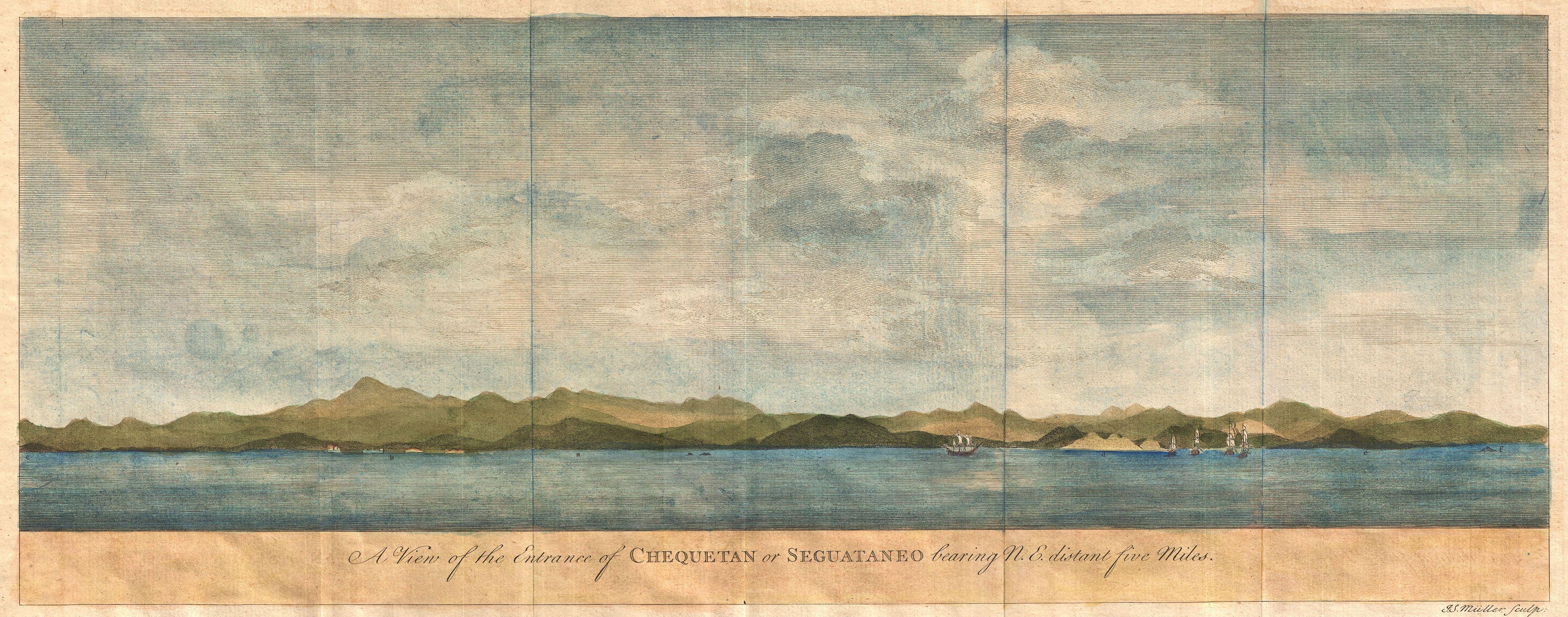 An extremely attractive 1748 coastal view of the Mexican harbor of Zihuatanejo by George Anson.  Today Zihuatanejo is a stunningly beautiful resort area in Guerrero, Mexico, about 250 km north of Acapulco.  This area was originally named Cihuatlán in Aztec, which means “Place of Women”, referring to the matriarchal society that dominated the region in pre-Columbian times.   Details the harbor beautifully showing mountains, a fort, and several sailing vessels.  Coastal views such as these were created to help early navigators recognize important coastlines from far out to sea.