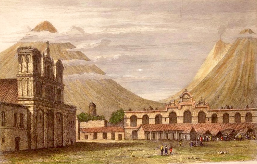 Antigua Guatemala c. 1840. Central Plaza with volcanoes in the distance.