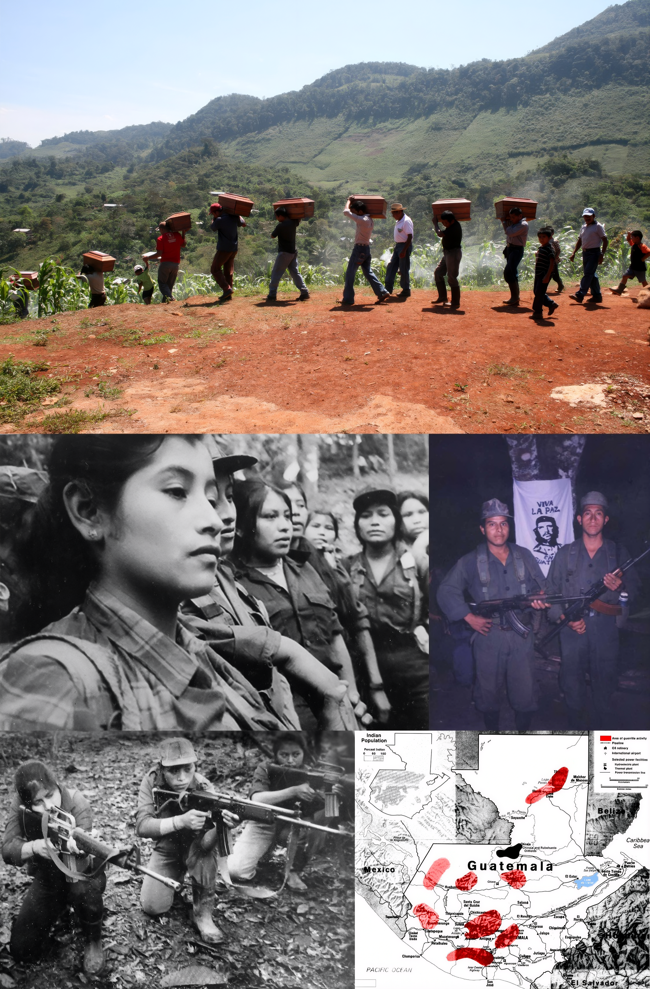 Montage of the Guatemalan civil war. Most photos (except the first one) are from the 1980s. Images are below.