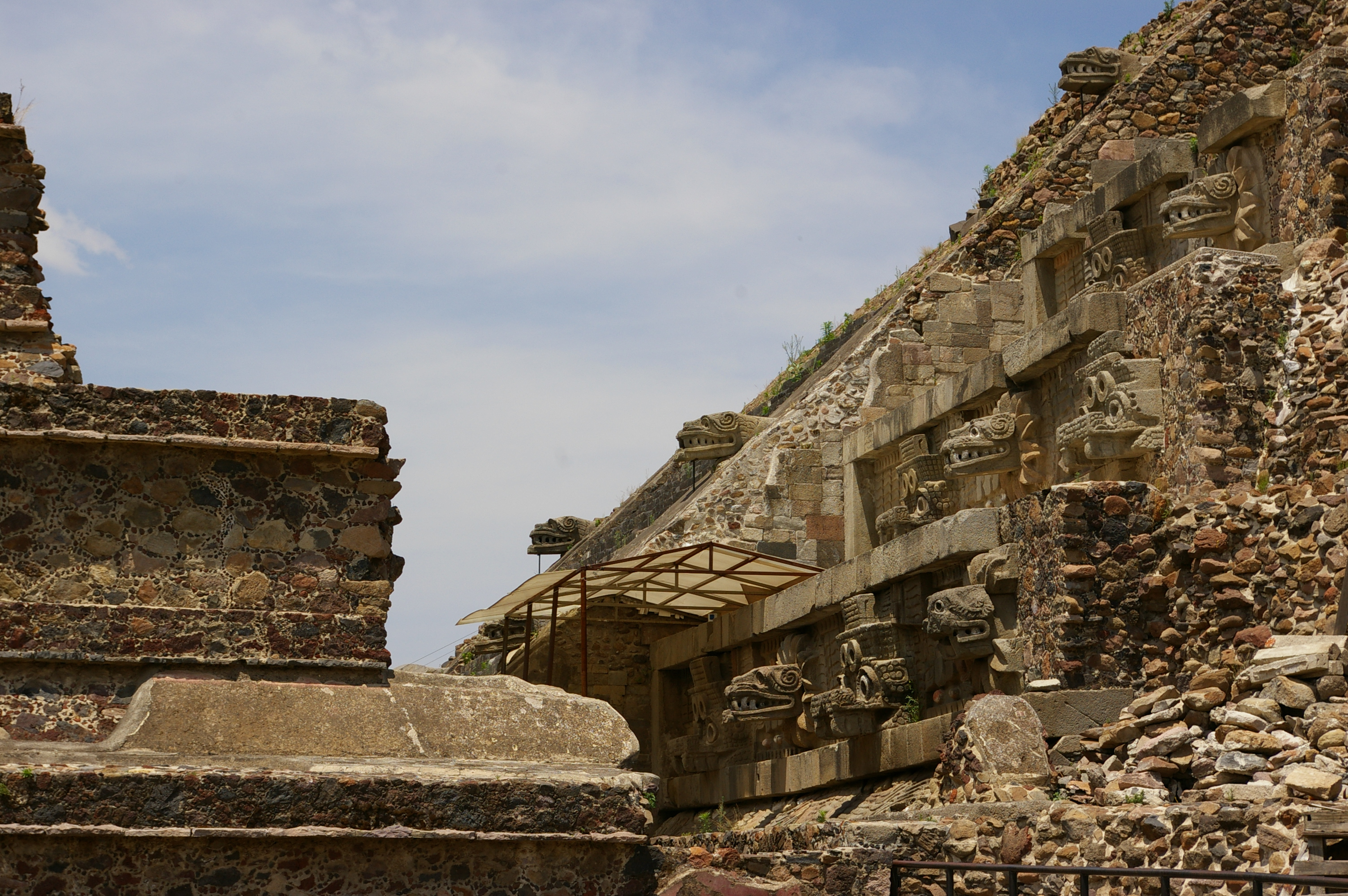 Pyramid of the Feathered Serpent view from the side at the bottom.