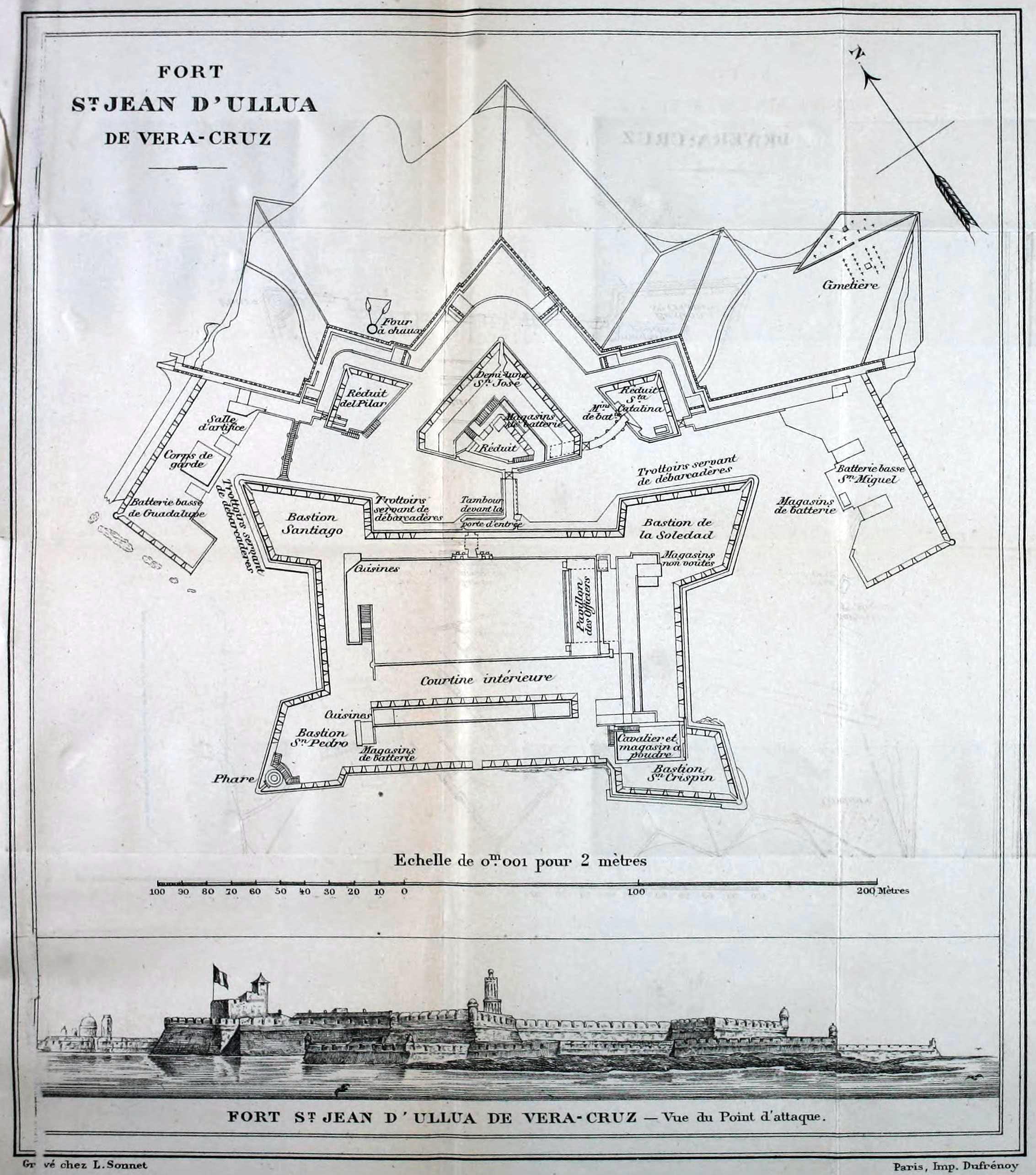Plan and panorama of the fort of San Juan de Ulloa in 1838, at the time of the Franco-Mexican war.
