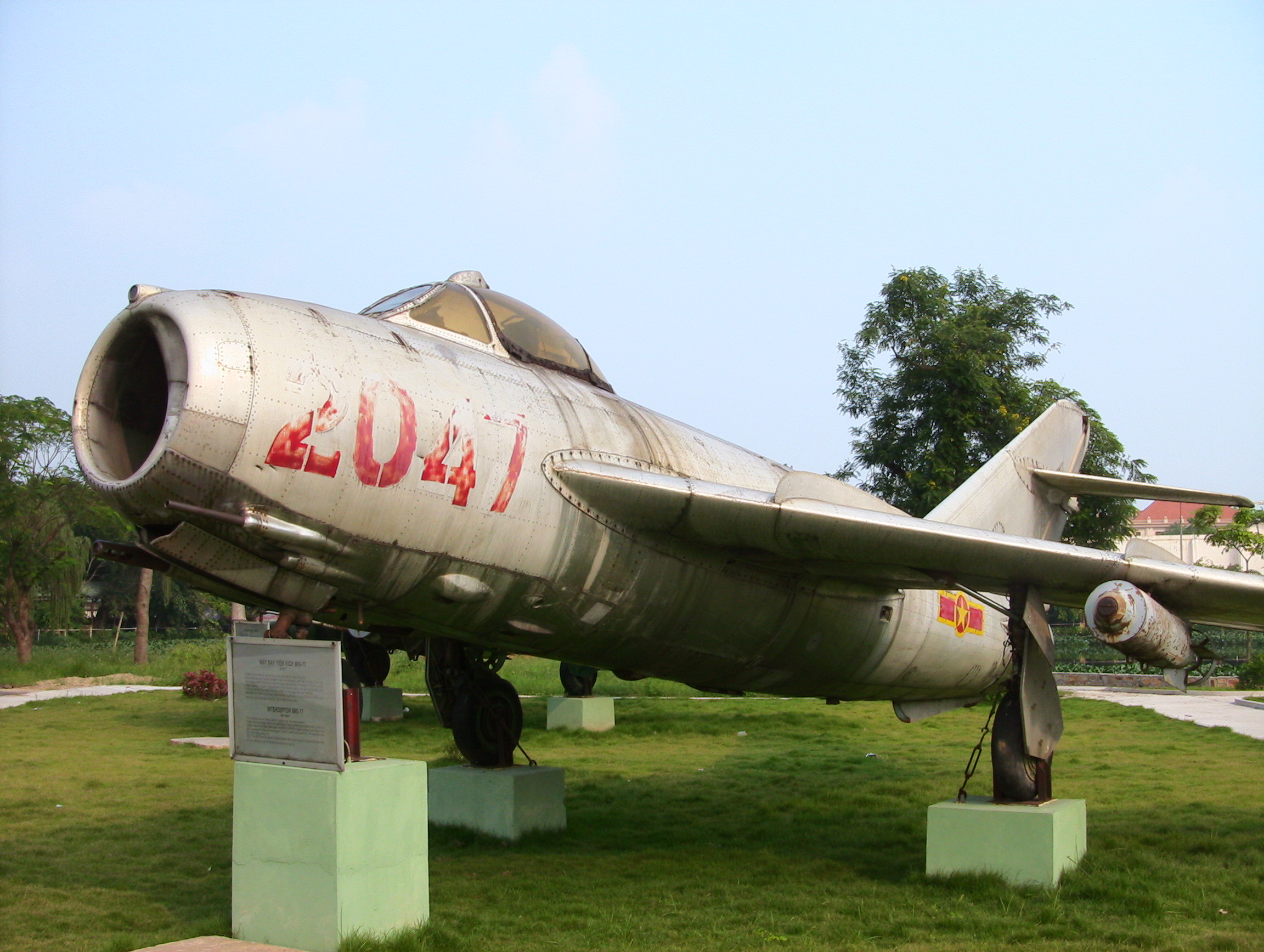 A preserved Vietnamese MiG-17. It was used in the "Air Battle of Dong Hoi" on 19 April 1972. Pilot Nguyen Van Bay B flew this aircraft and bombed the U.S. Navy destroyer USS Higbee (DD-806).