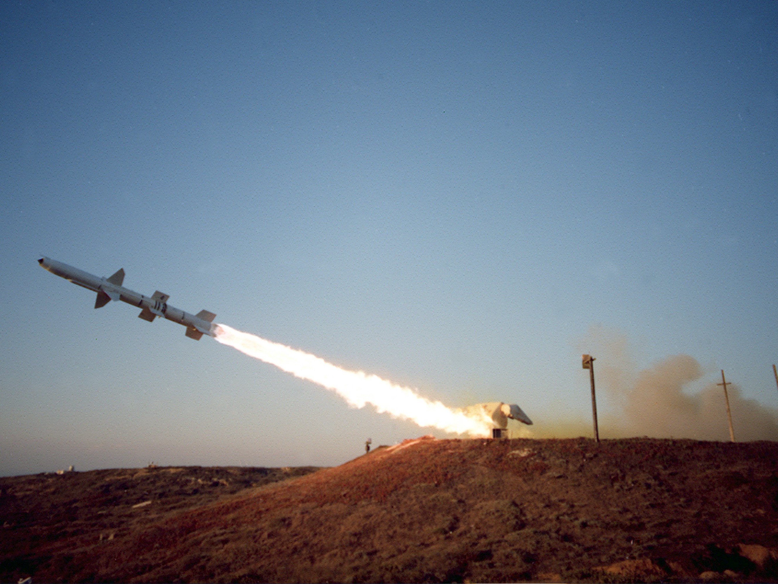 A U.S. Navy MQM-8G Vandal missile firing from San Nicolas Island, California (USA), in 1999. The Vandal was a version of the RIM-8 Talos missile, which was retired in 1979. The remaining Talos missiles were converted to MQM-8G supersonic targets, simulating anti-ship missiles.