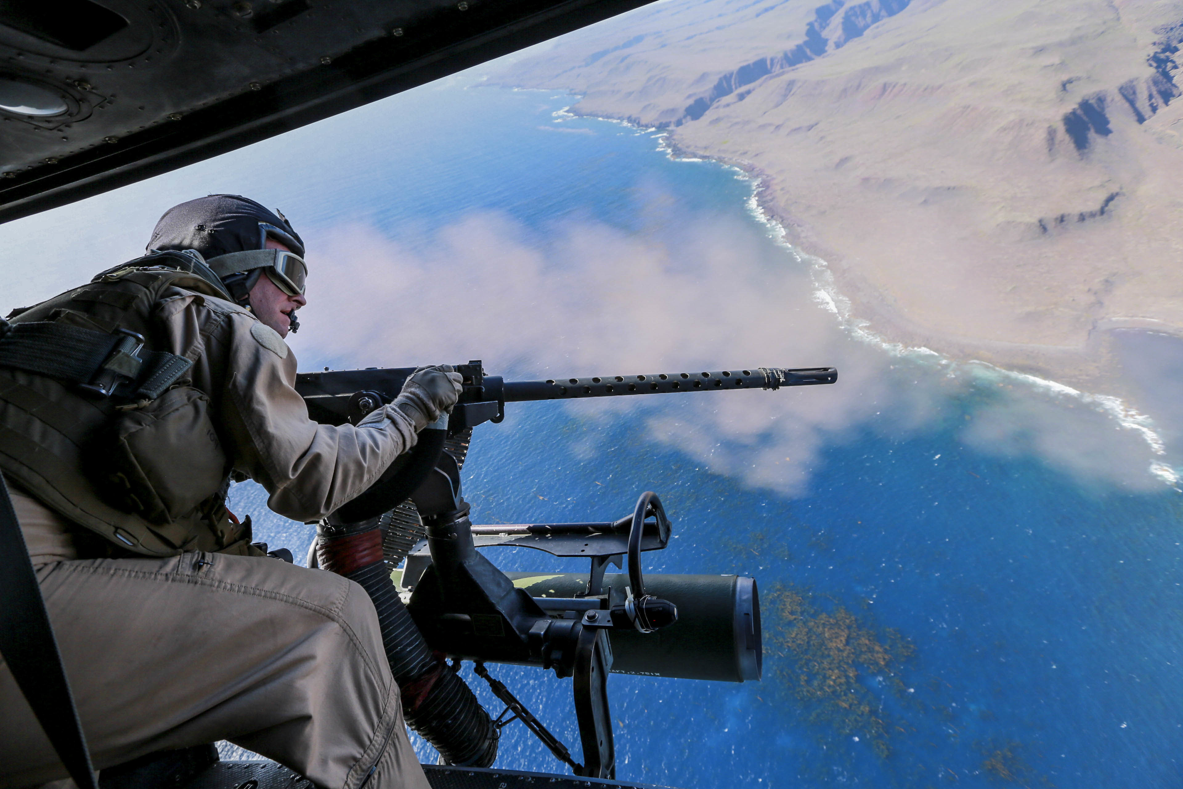 A  Marine engages targets from a UH-1Y Venom with Marine Medium Tiltrotor Squadron 161, 15th Marine Expeditionary Unit, during Composite Training Unit Exercise (COMPTUEX) above San Clemente Island, California, March 20, 2015. COMPTUEX gives the Marines of VMM-161 the opportunity to practice real-world scenarios and hone their skill sets.

(U.S. Marine Corps photo by Sgt. Jamean Berry/Released)