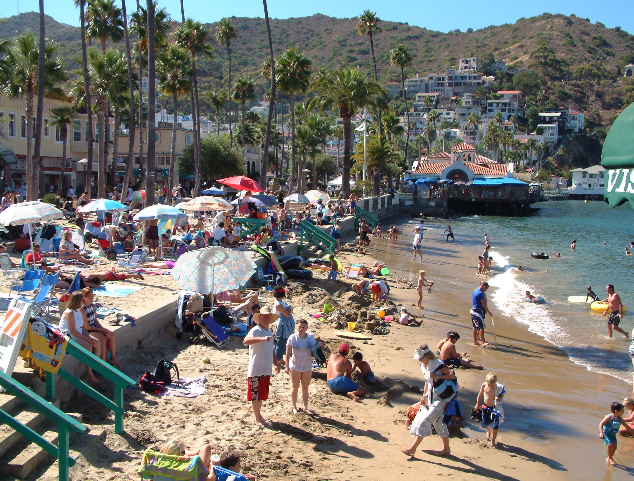 Crowded summertime beach in Avalon, Santa Catalina Island, California, United States