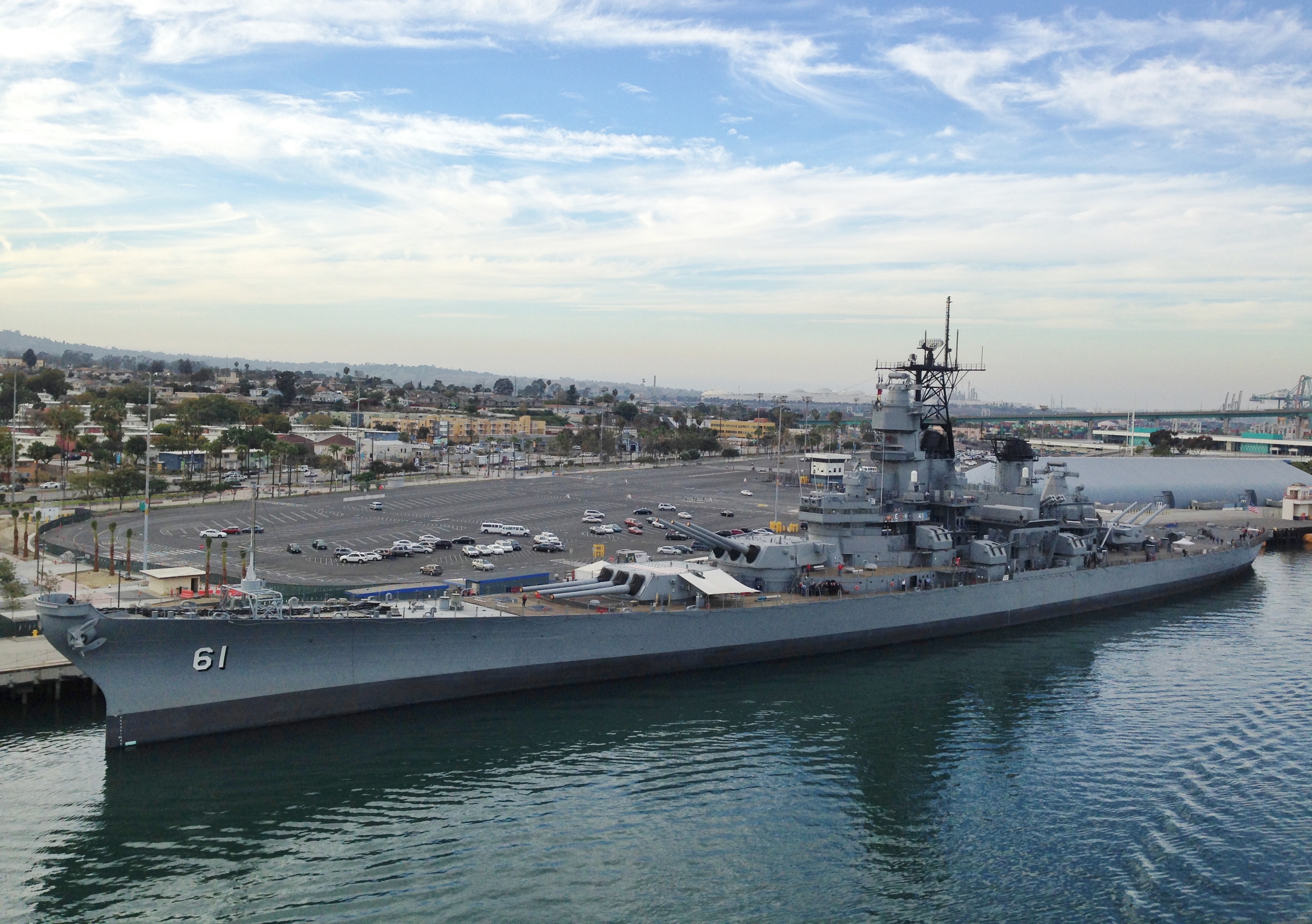 A port side view of the Battleship USS Iowa taken from a departing cruise ship at the Port of Los Angeles