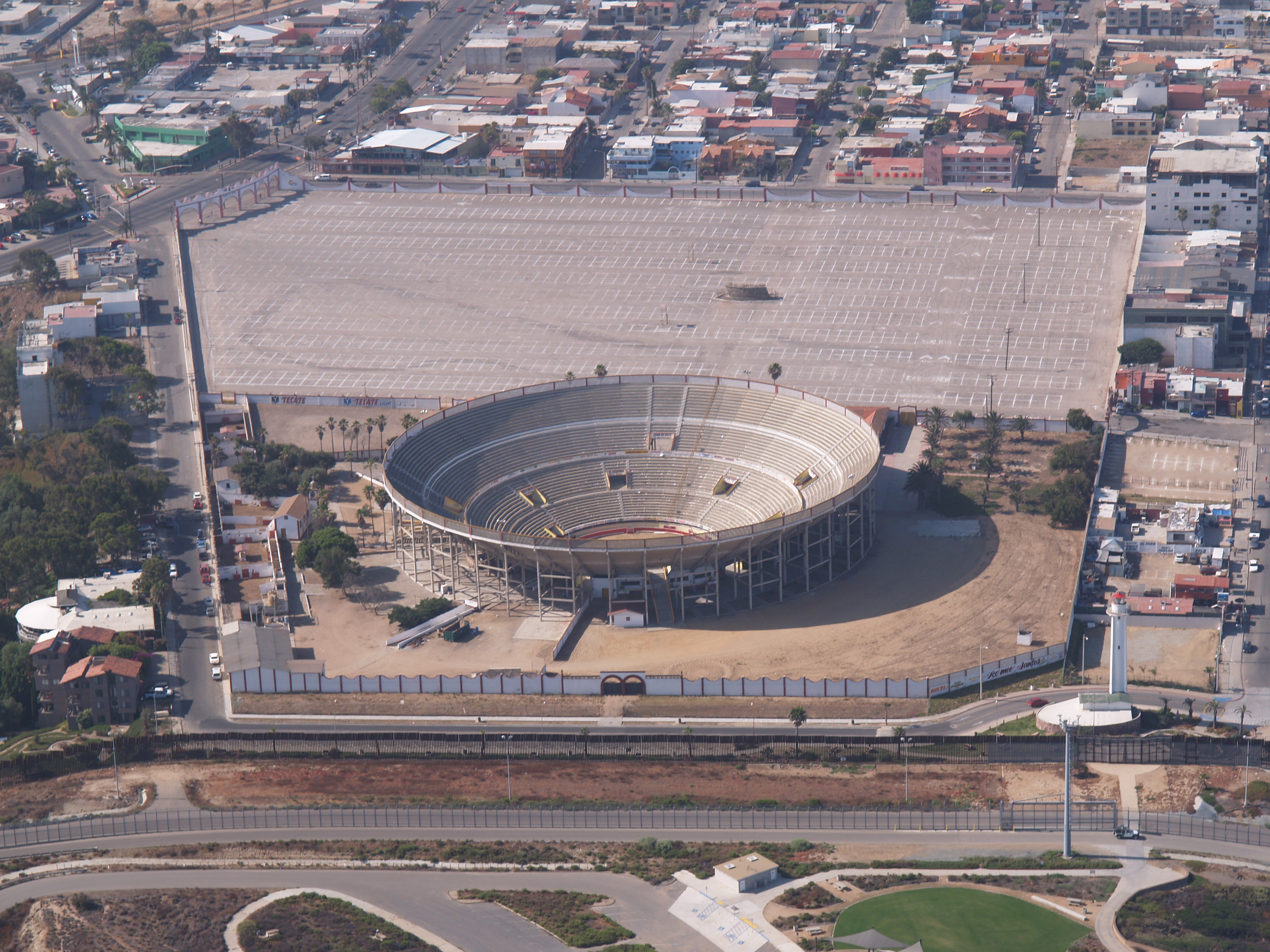 Aerial view of the Plaza de Toros Monumental de Tijuana or the Bullring by the Sea in Tijuana, Baja California, Mexico