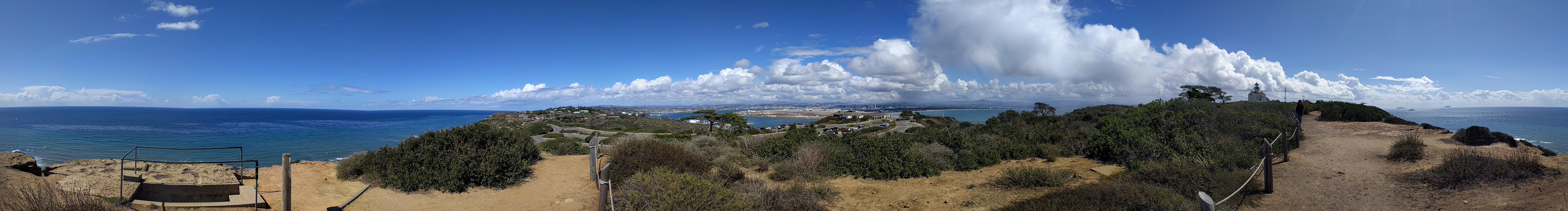 Panosphere of harbor, ocean, and San Diego City from trail at Cabrillo National Monument, taken next to one of the coastal artillery positions, February 2018