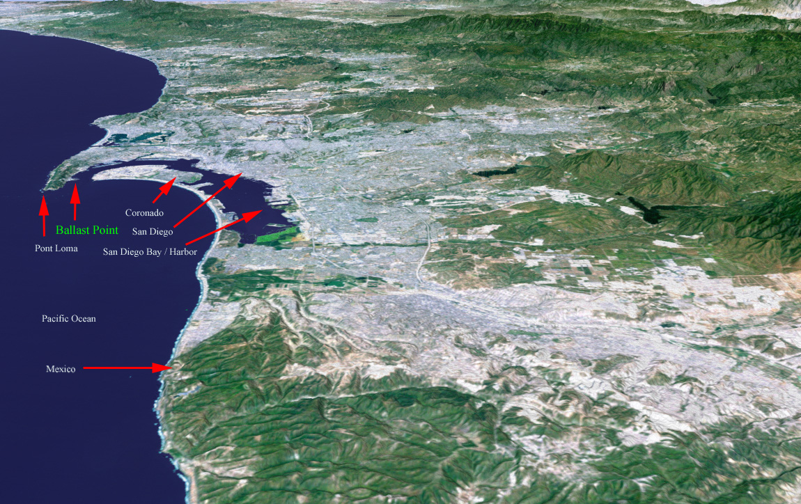 3D image showing location of Ballast Point and other sites near San Diego, California.  Derived from NASA image.