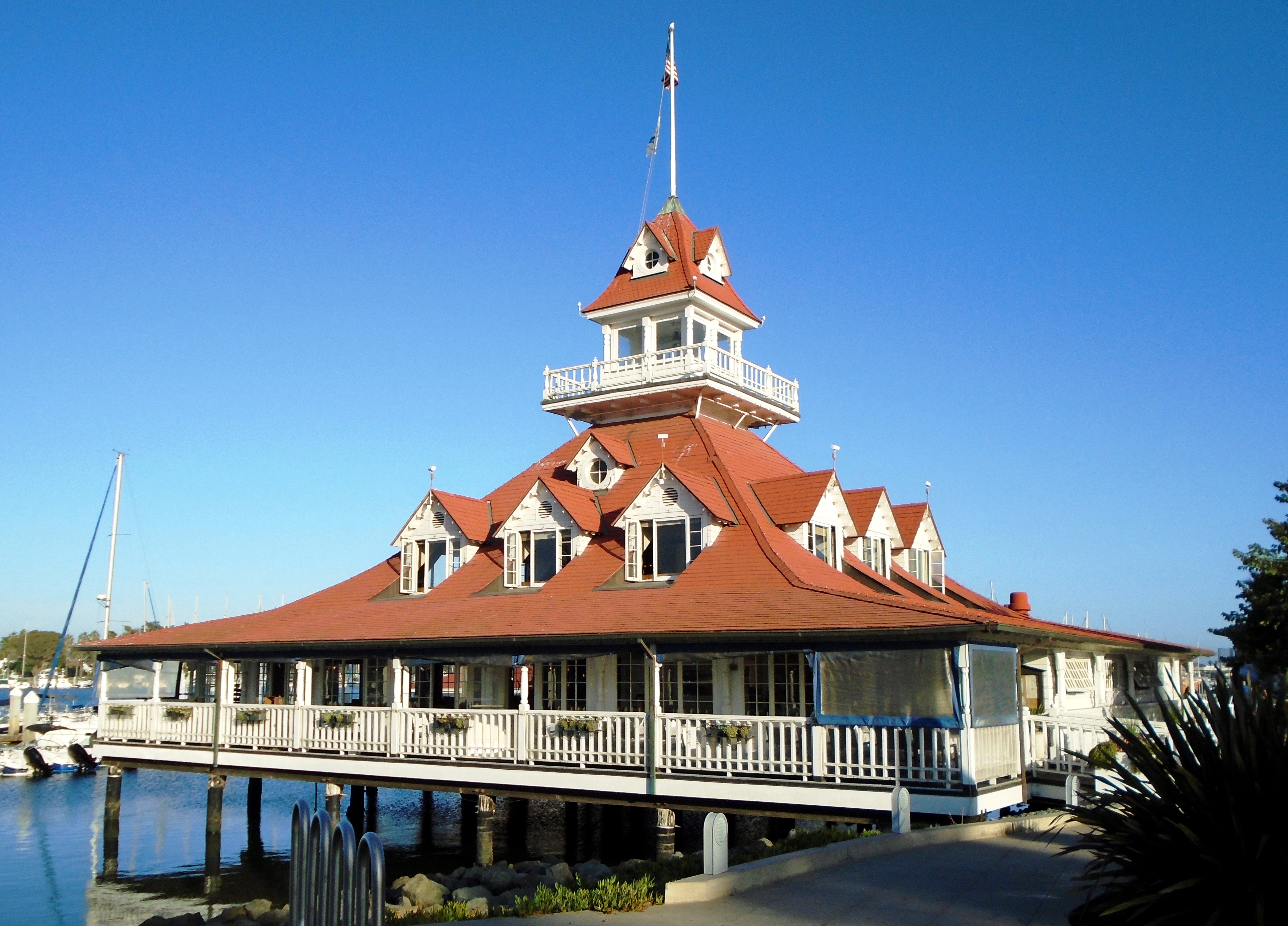 The Bluewater Boathouse Seafood Grill on Glorietta Bay at 1701 Strand Way in Coronado, California is the former boathouse of the Hotel del Coronado.  It was built in 1887.