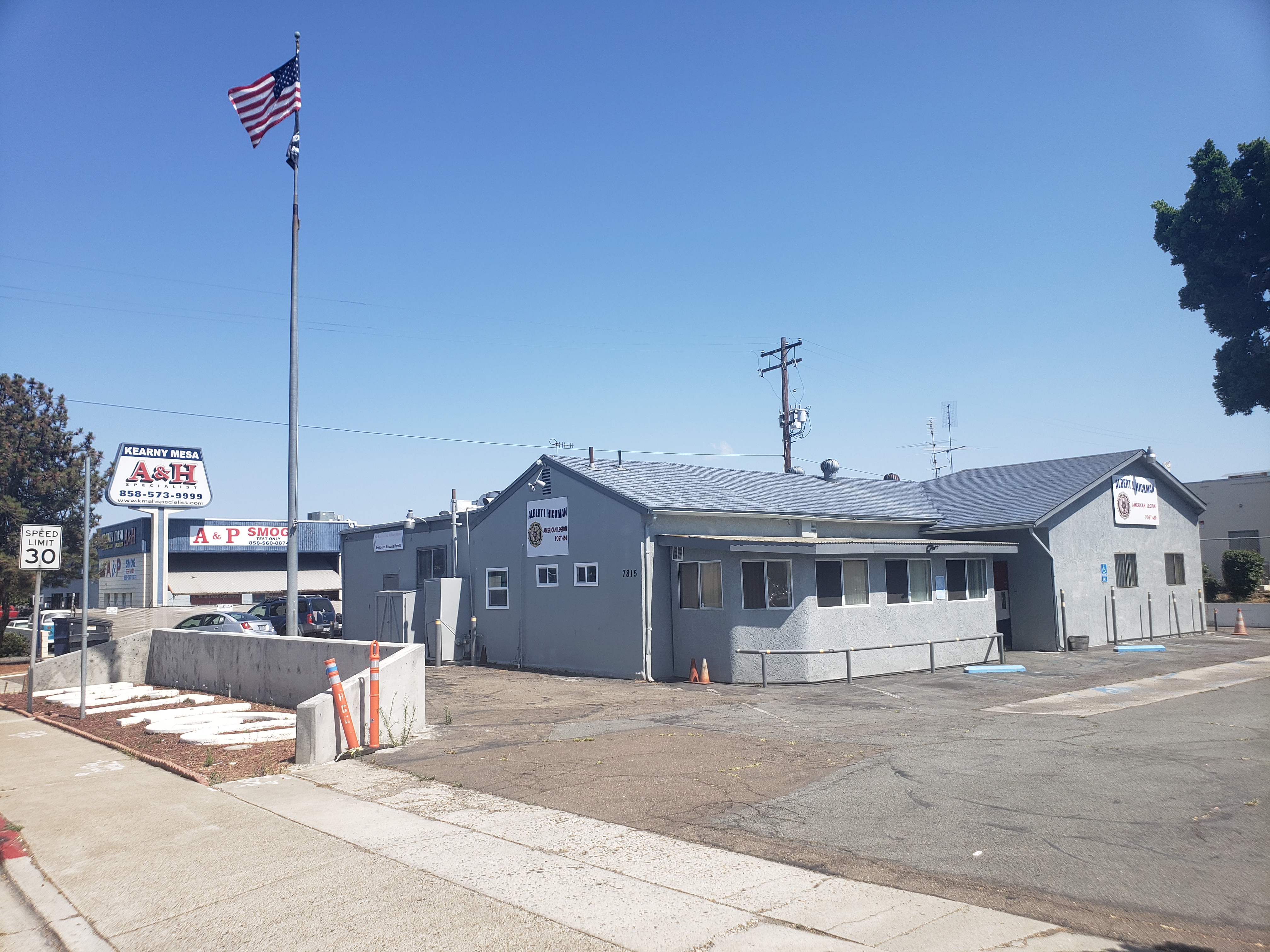 An American Legion building in Kearny Mesa. American Legion Albert J. Hickman, Post 460. On Armour Street, San Diego, CA 92111. As seen from the northwest, looking to the southeast.