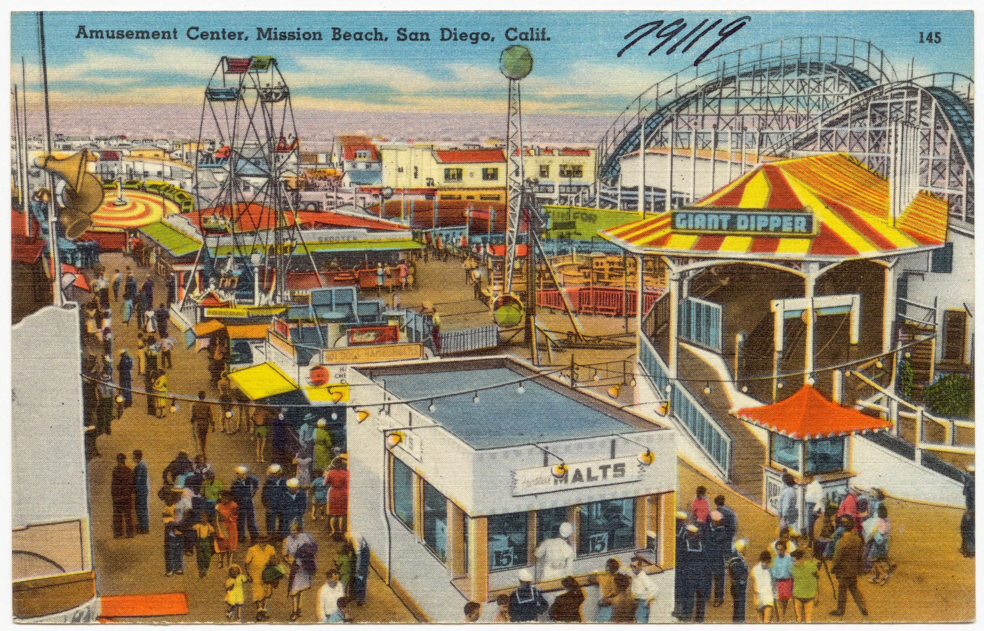 Title: Amusement Center, Mission Beach, San Diego, Calif.
Subjects: Amusement parks
Places: California > San Diego (county) > San Diego
Notes: Title from item.
Extent: 1 print (postcard) : linen texture, color ; 3 1/2 x 5 1/2 in.
Accession #: 06_10_010031