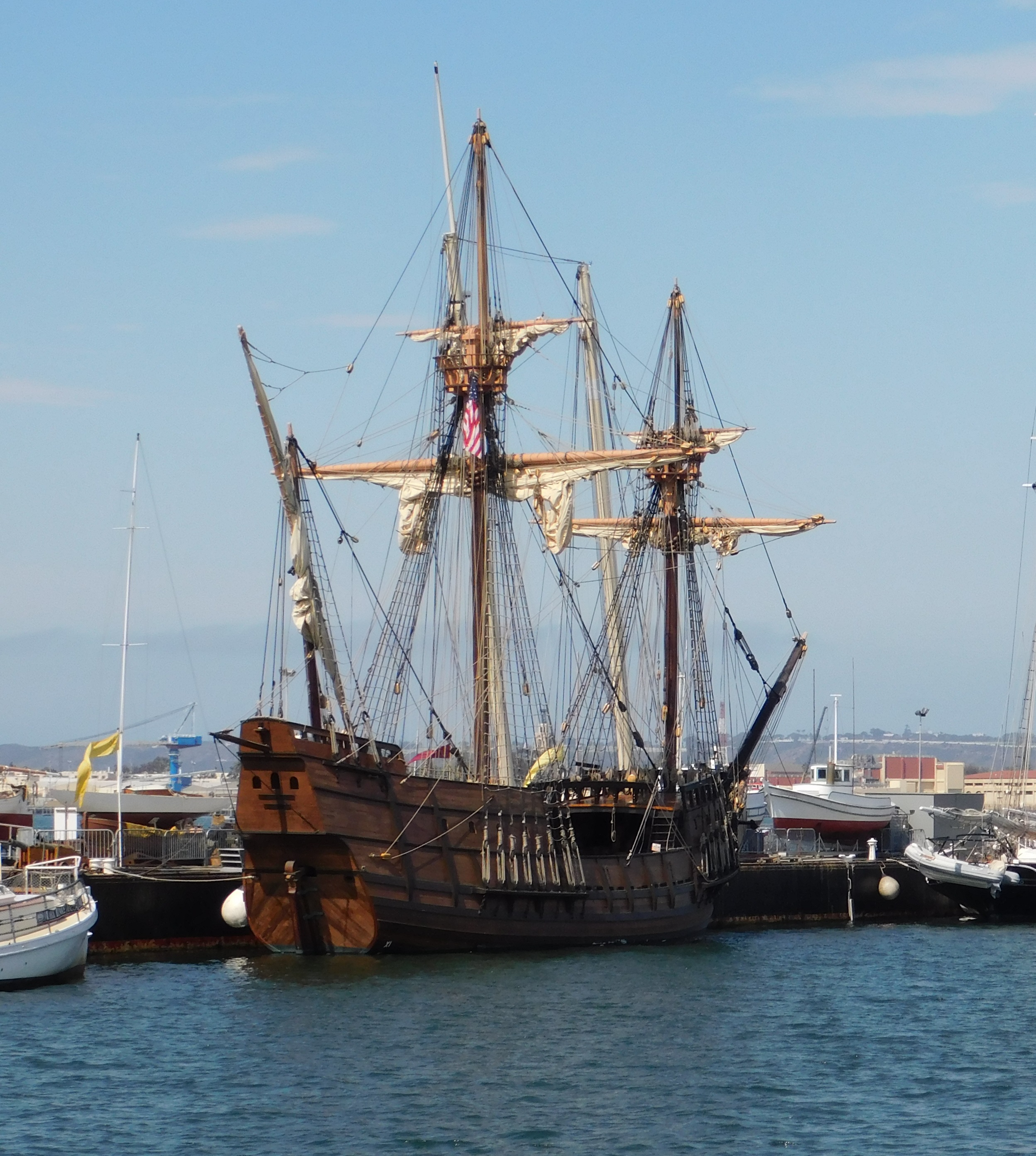 Replica of San Salvador at the Maritime Museum of San Diego, in California, USA. San Salvador was the ship that brought Juan Rodríguez Cabrillo to San Diego Bay in 1542, making him the first European to reach what became California. This replica was launched in 2015 and regularly sets sail on sightseeing tours.