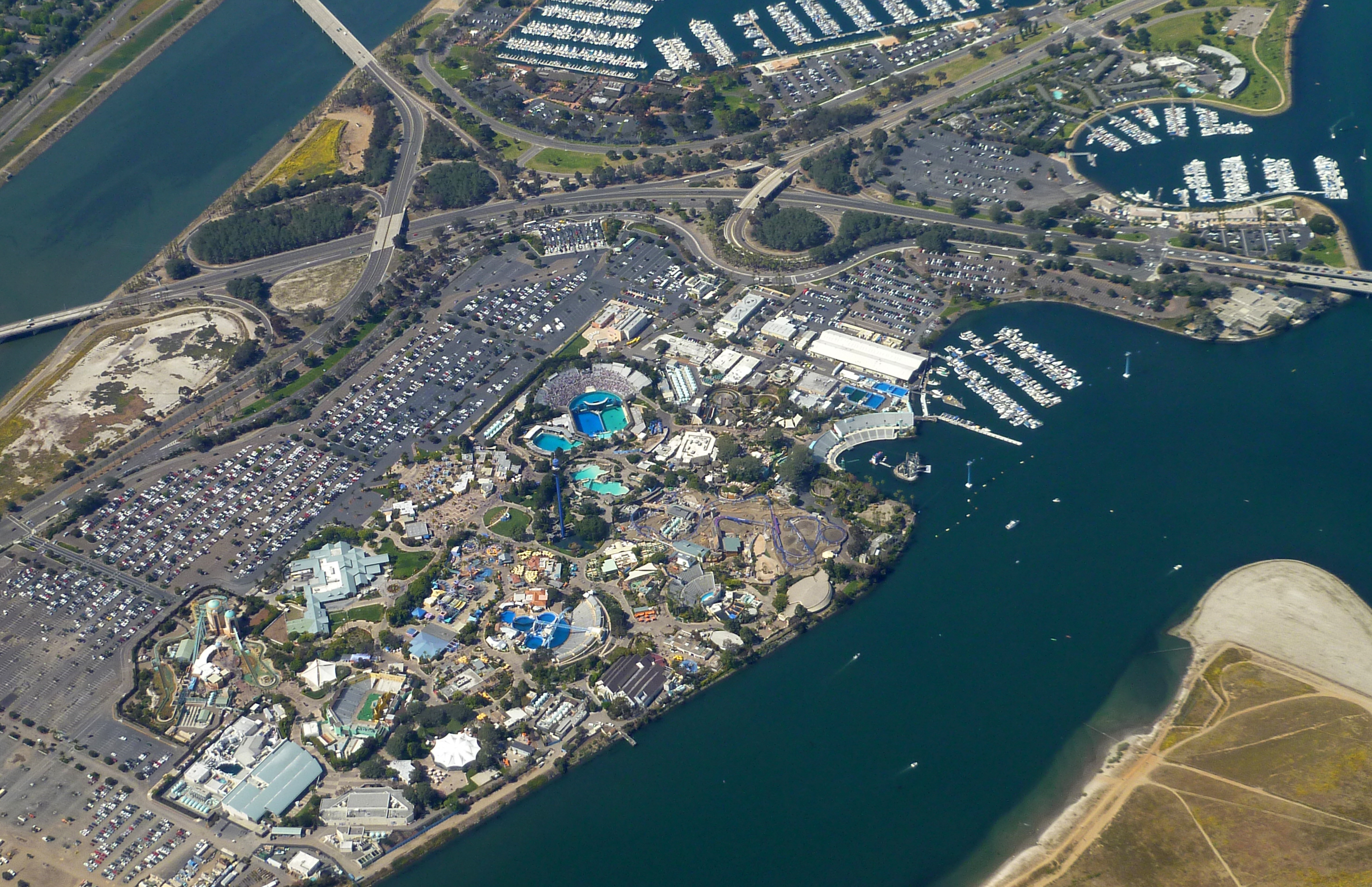 An aerial photo of SeaWorld San Diego.