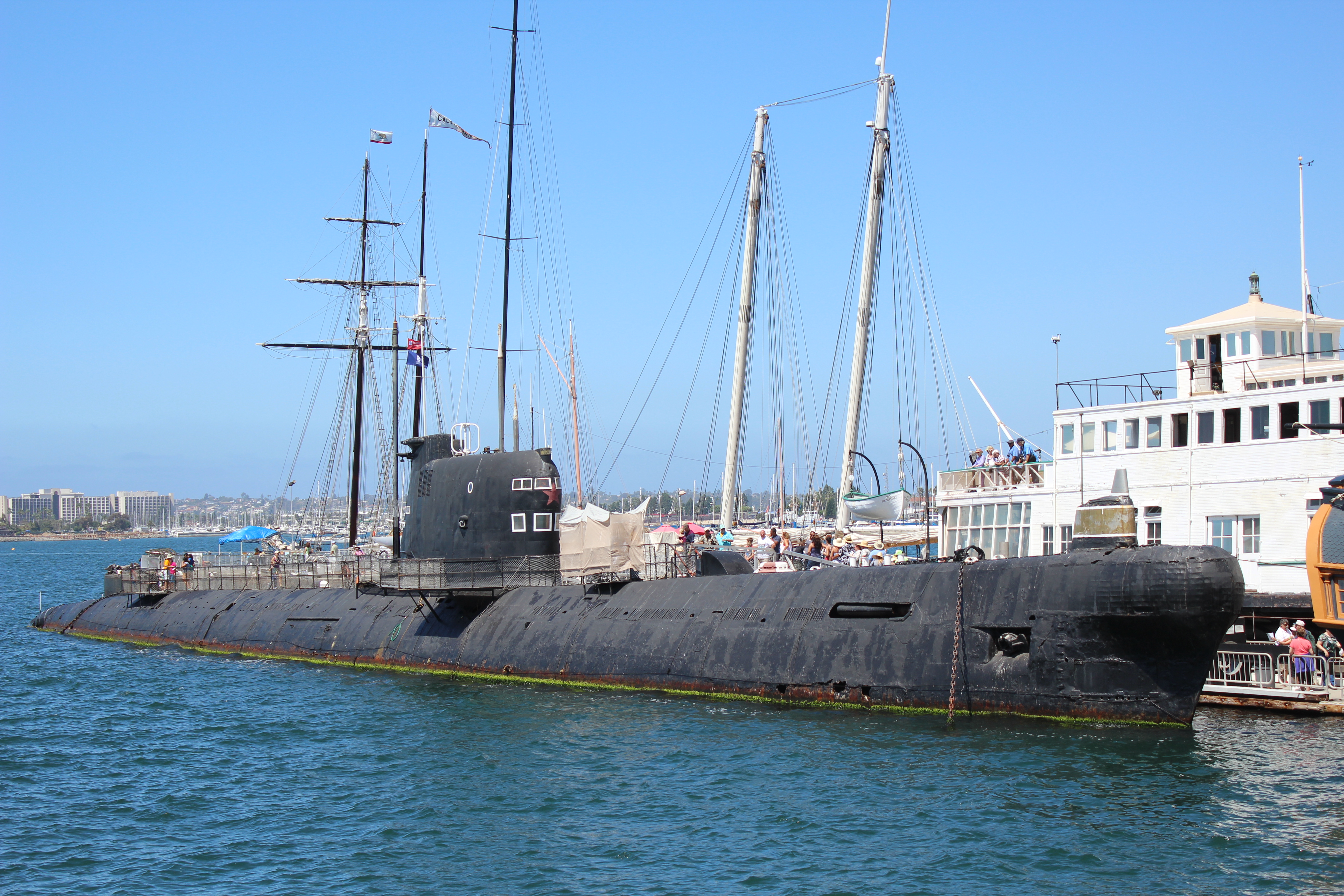View of the B-39 submarine from the Star of India at the Maritime Museum of San Diego, California.