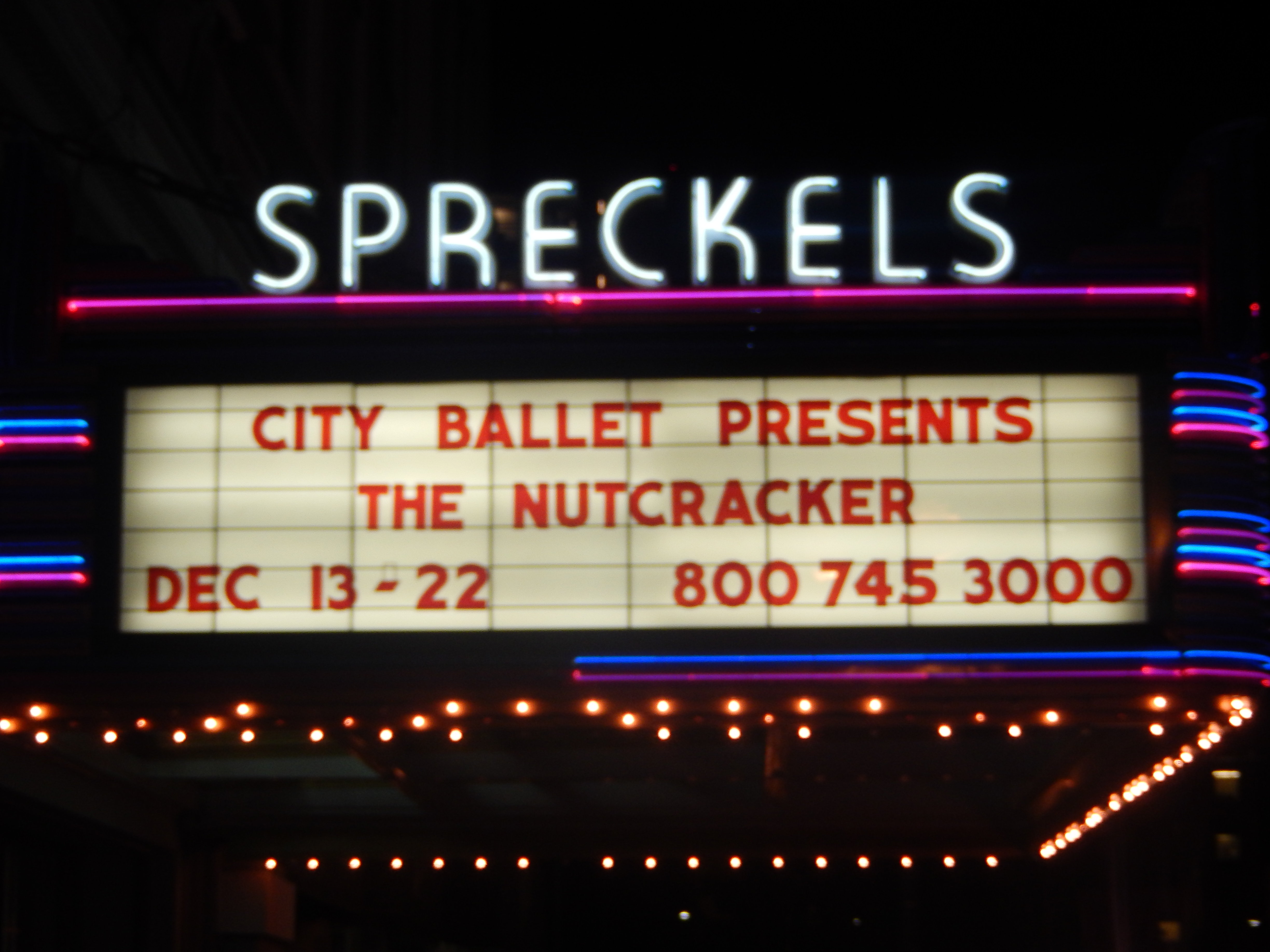 I took photo with Nikon camera of Spreckels Theatre sign in downwton San Diego, CA.