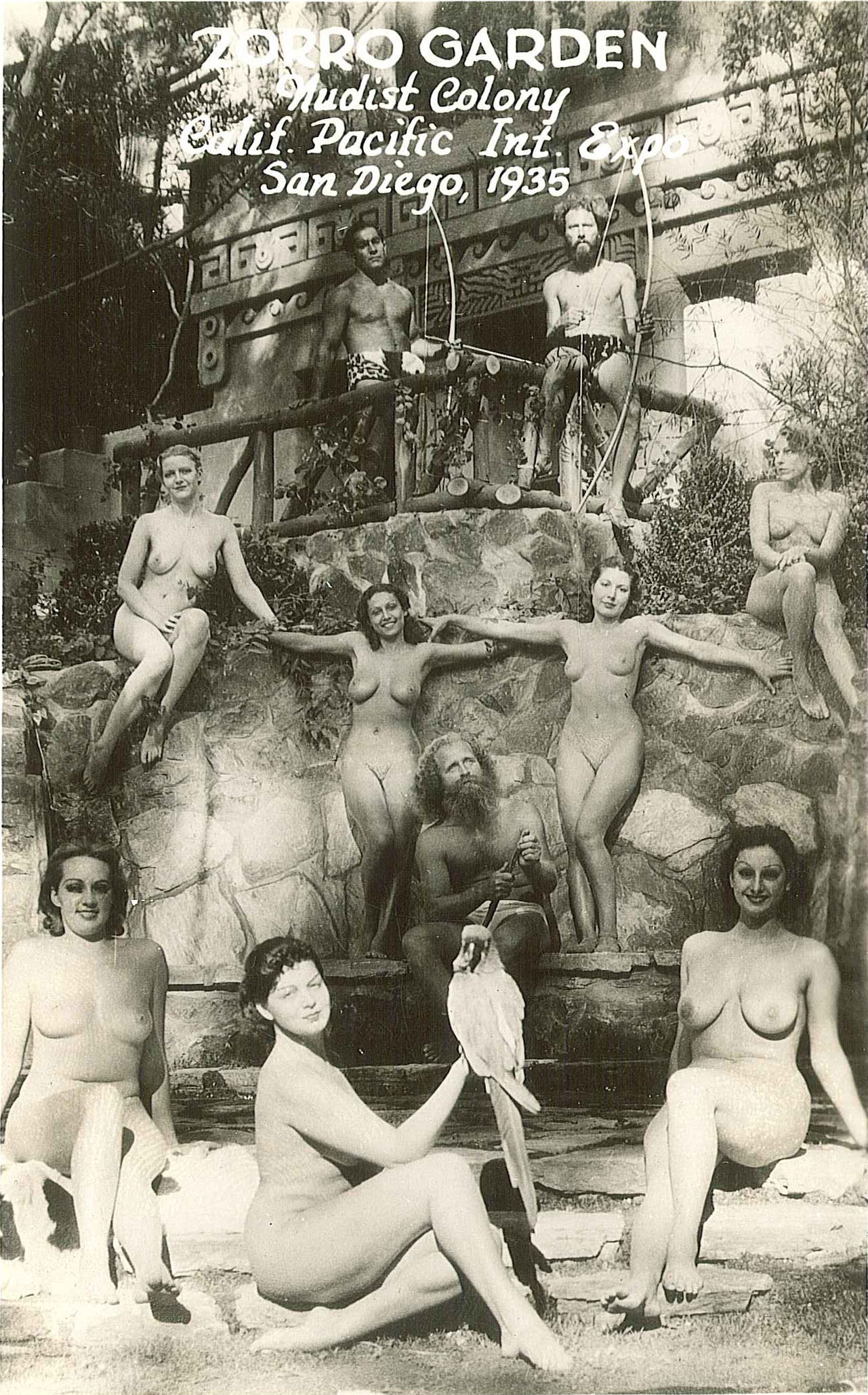 Historic real photo postcard of Zoro Garden Nudist Colony.