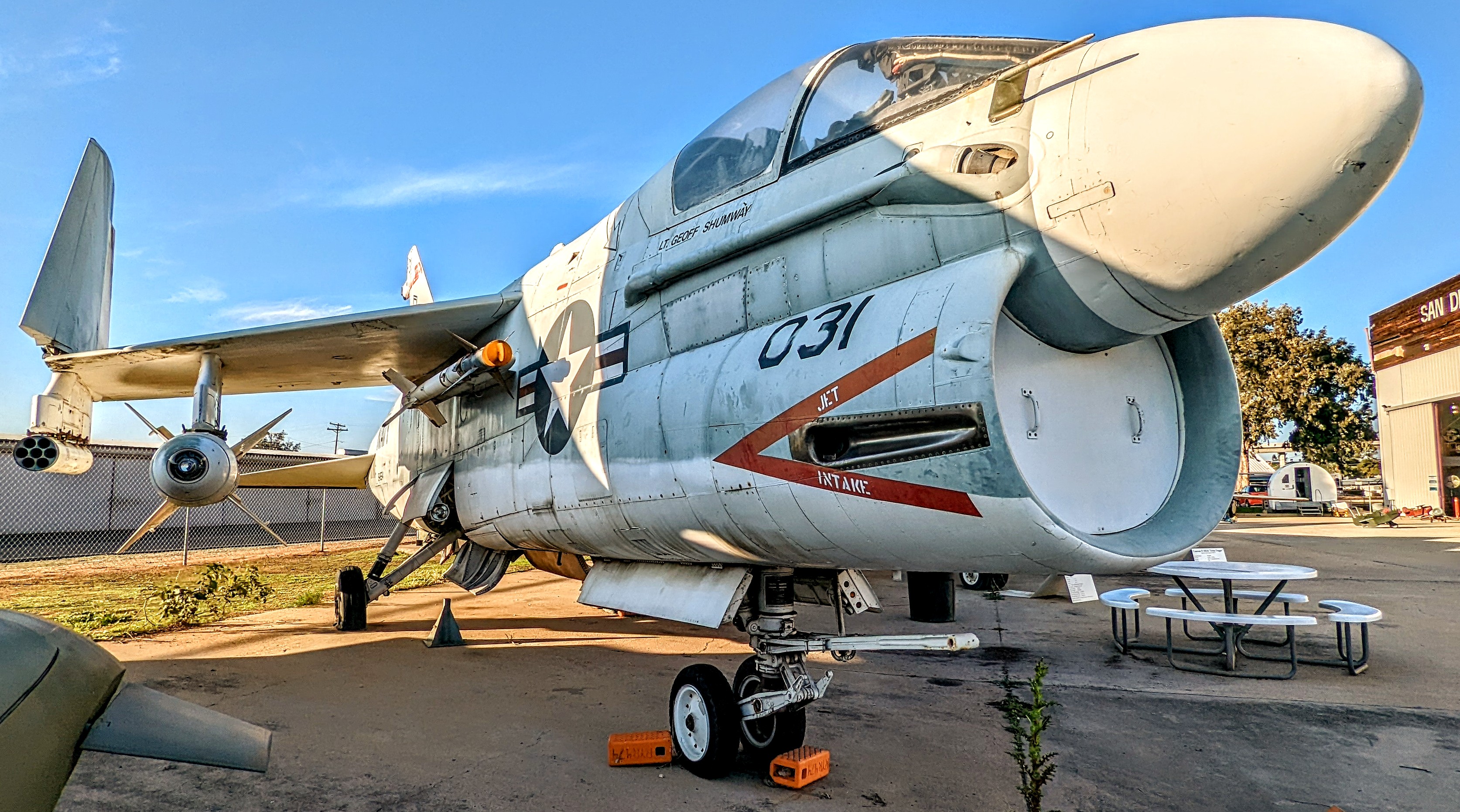 An A-7B Corsair, serial number 154554, sits at the San Diego Air and Space Museum Annex, at Gillespie Field in El Cajon, California,