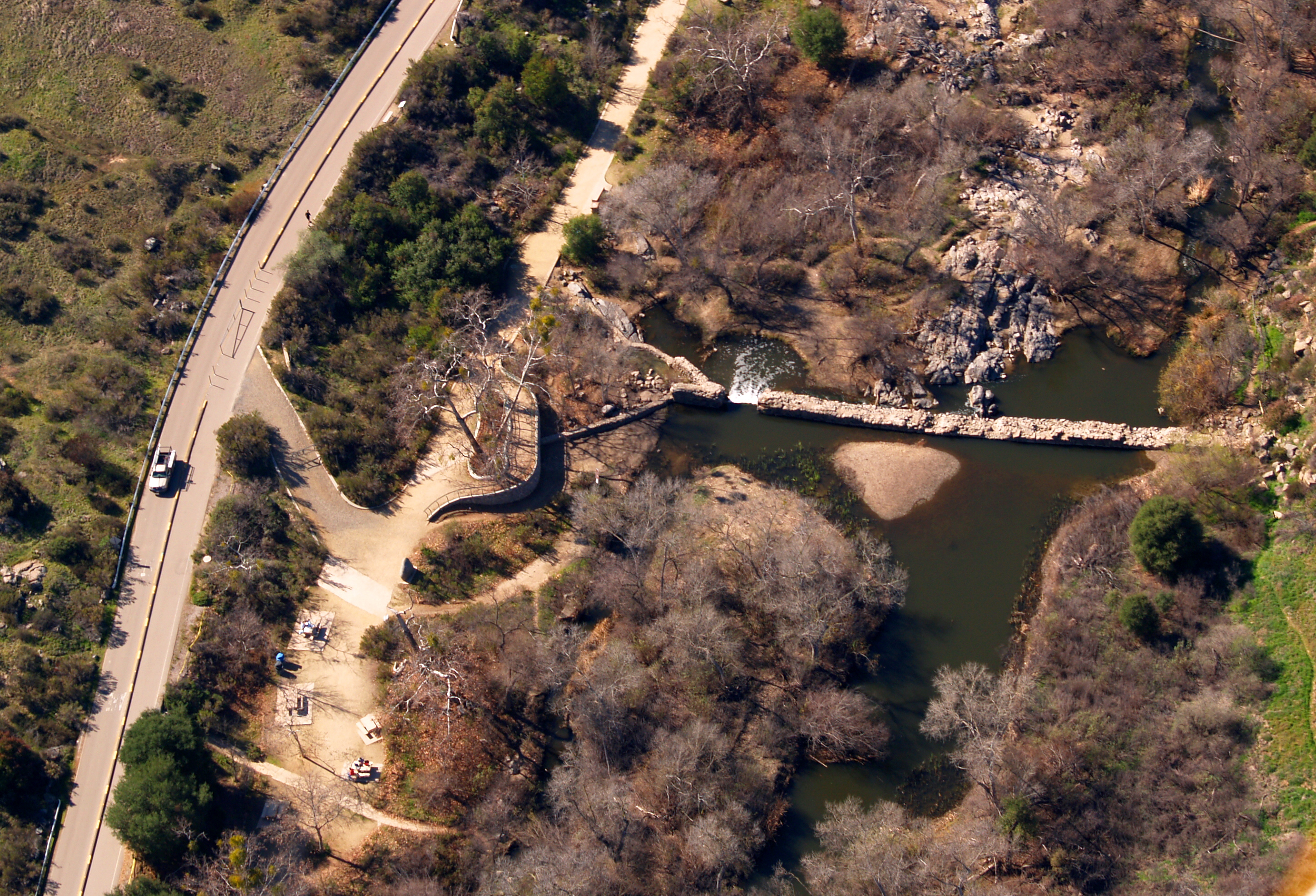 An aerial photo of Old Mission Dam in Mission Trails Regional Park, San Diego
Please acknowledge "Phil Konstantin" as the creator of this photograph.