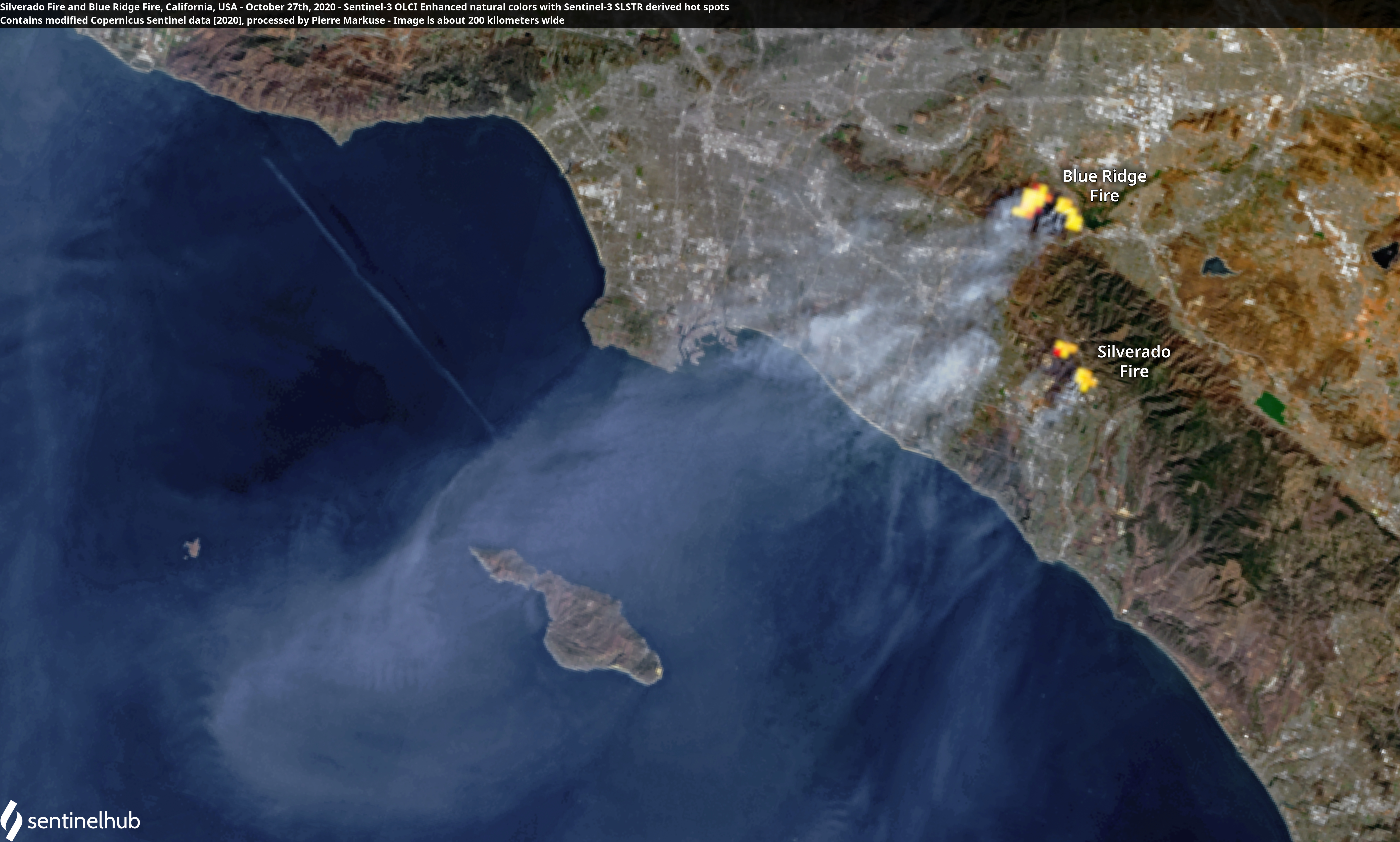 Contains modified Copernicus Sentinel data [2020], processed by Pierre Markuse
Silverado Fire and Blue Ridge Fire, California, USA - October 27th, 2020
Image is  about 200 kilometers wide.
Do you want to support this collection of satellite images? Any donation, no matter how small, would be appreciated. PayPal me!

Follow me on Twitter!