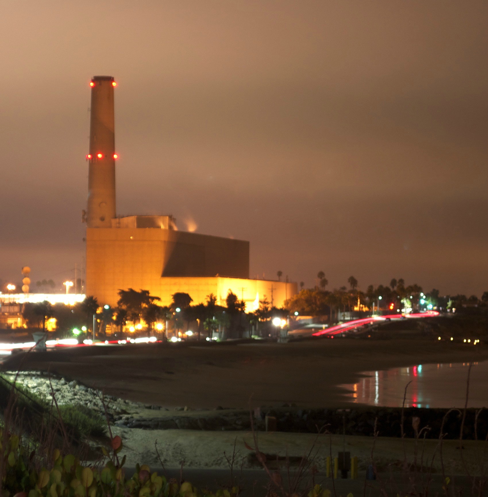 The NRG Encina power station at night.