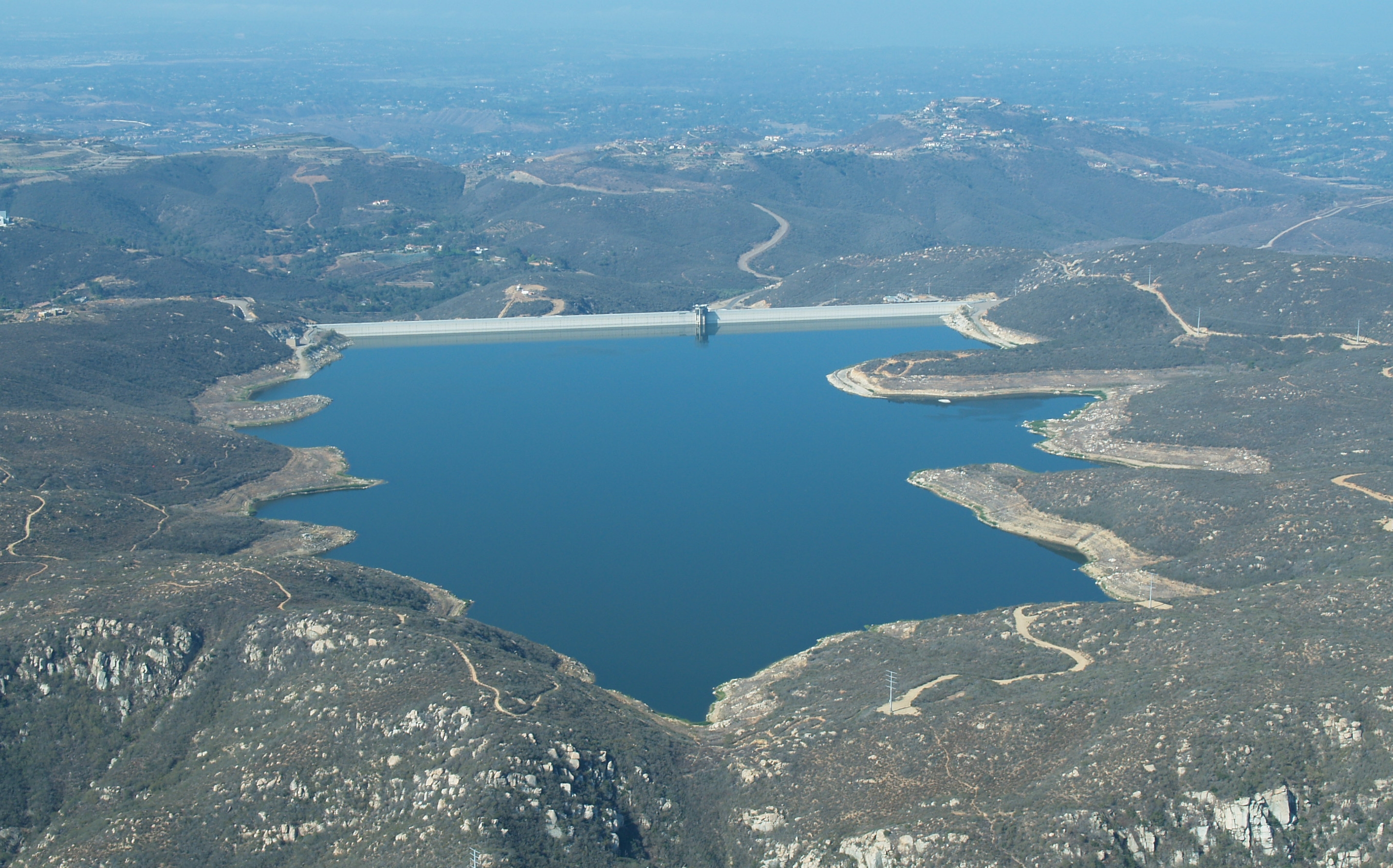 Aerial view of Olivenhain Reservoir and Dam looking toward the southwest. Add attribution: "Phil Konstantin"