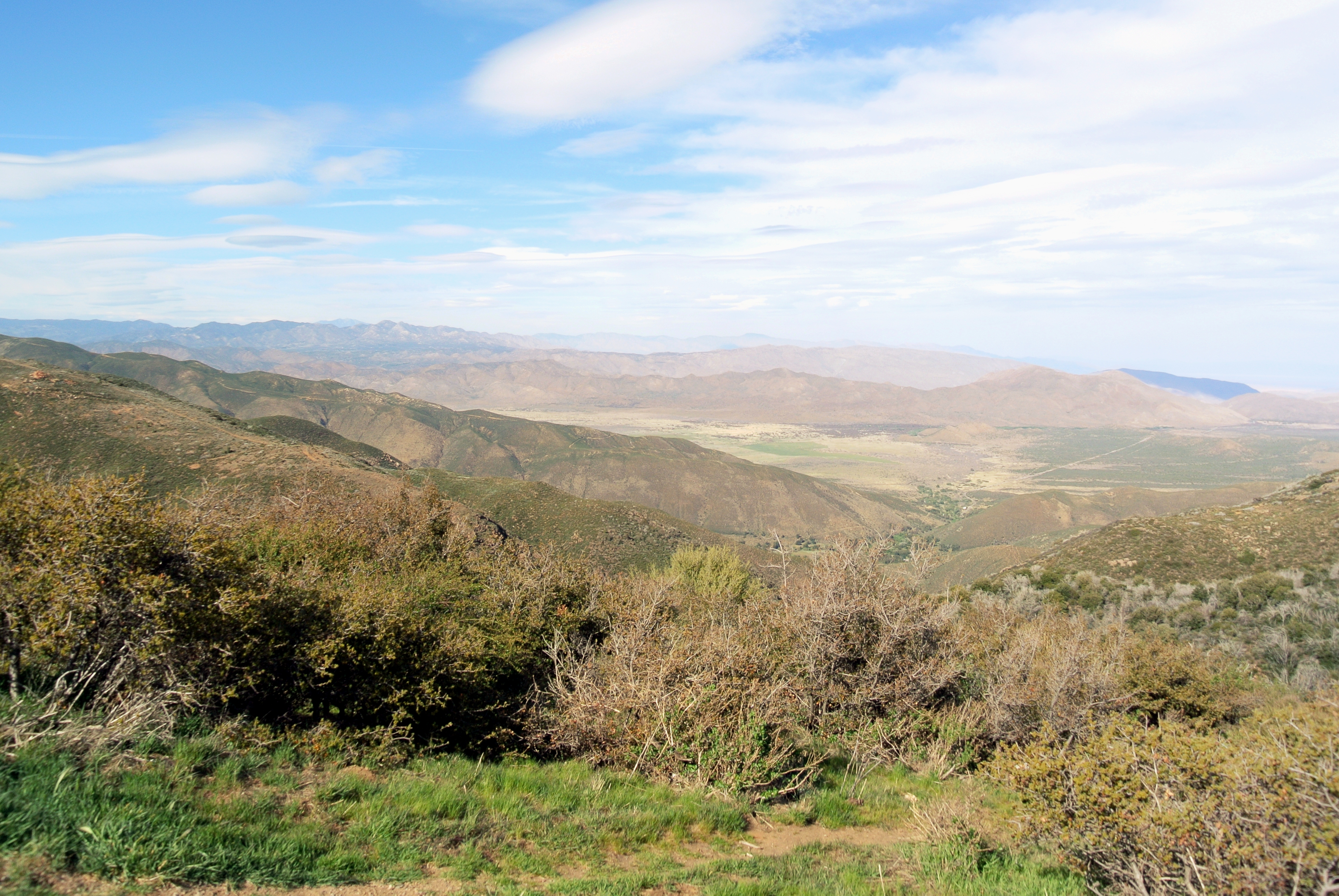View from Inspiration Point in the Laguna Mountains towards Anza Borrego Desert State Park on the right and Vallecito Mountains on the left. Chaparral in the foreground, Santa Rosa Mountains in the backgorund.