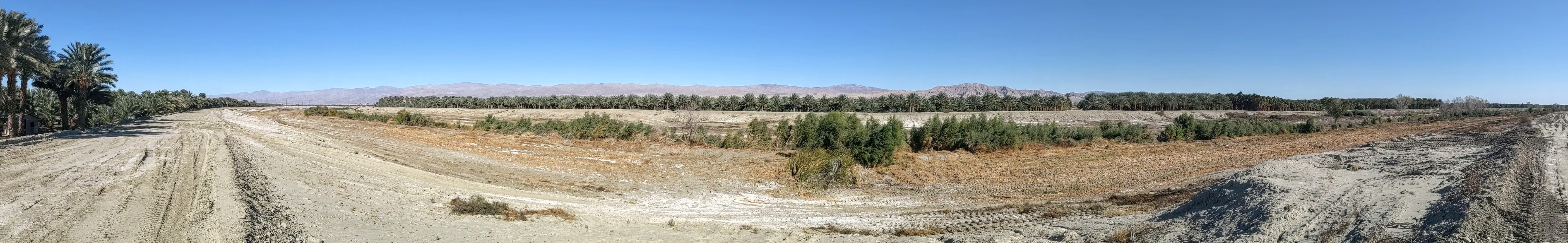 Panoramic view of the Whitewater River near Thermal, California, in the Coachella Valley between Palm Springs and the Salton Sea, in the dry 2020 fall