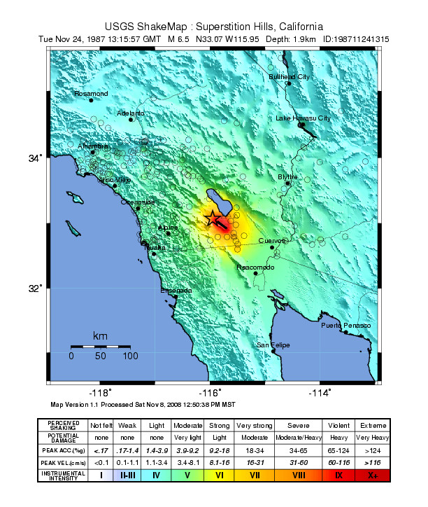 The USGS shakemap for the November 1987 Superstition Hills earthquake.