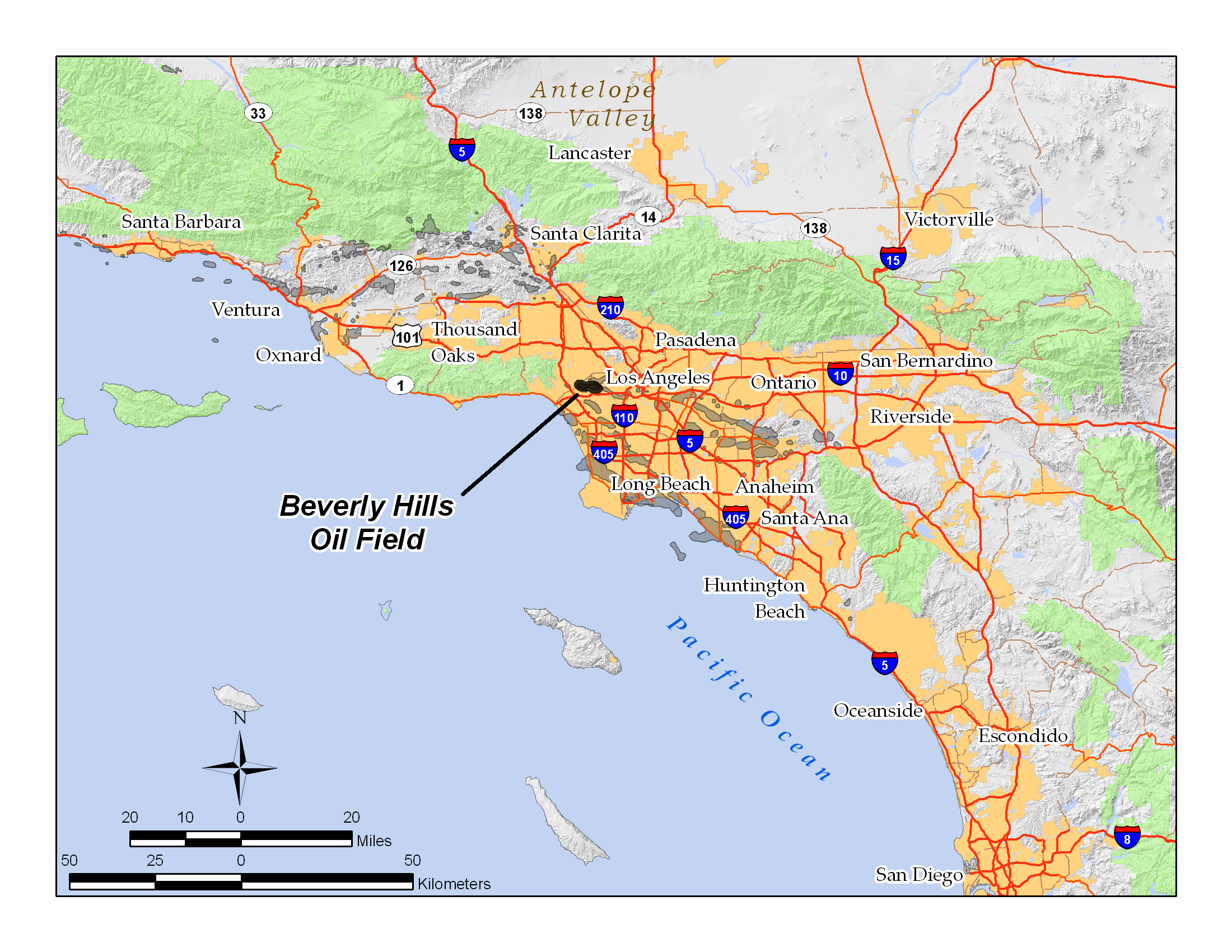 Location of the Beverly Hills Oil Field in Beverly Hills, Los Angeles County.
Also showing major cities, roads, and terrain in adjacent Southern California.