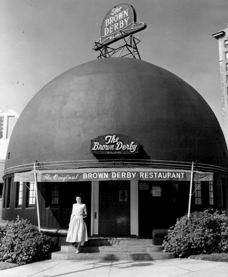 Photo of the entrance of the original Brown Derby restaurant on Wilshire Boulevard in Hollywood.