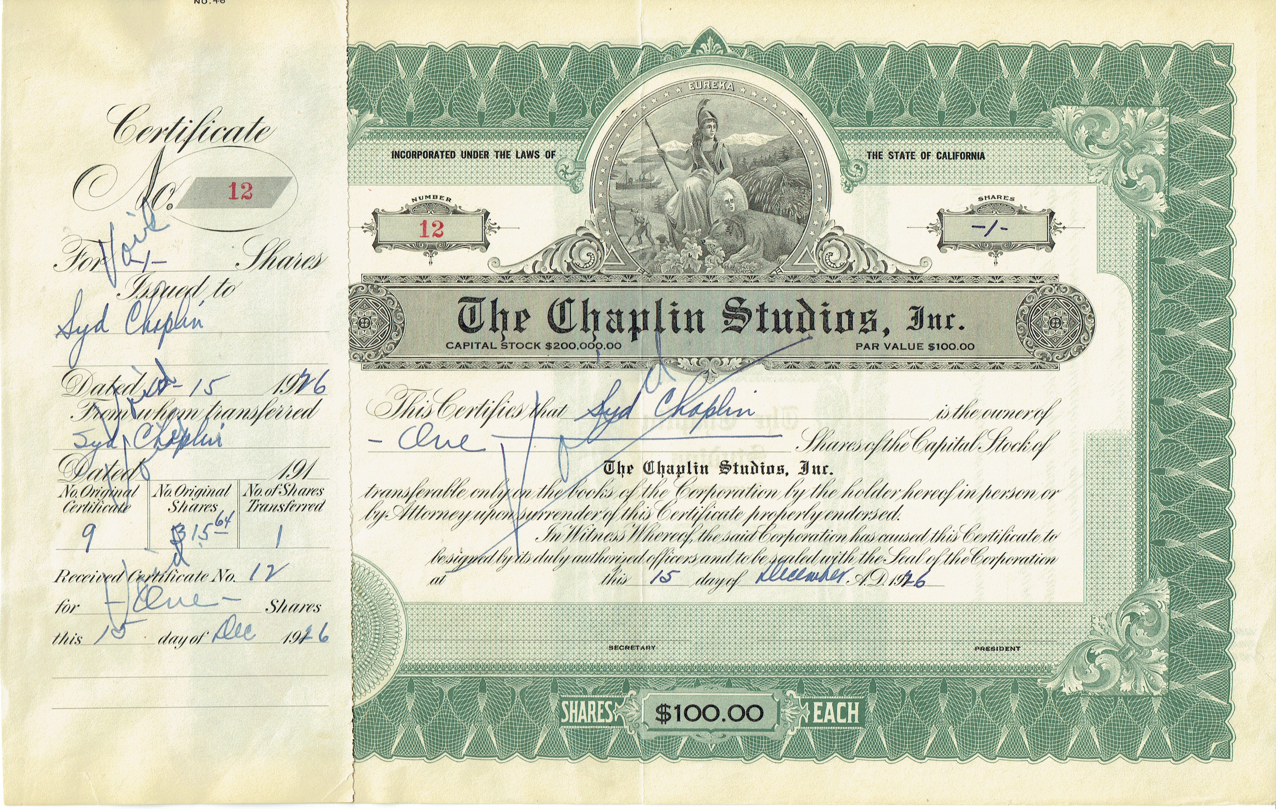 Aktie der Chaplin Studios, Inc. vom 15. Dezember 1926, ausgestellt auf Sydney Chaplin